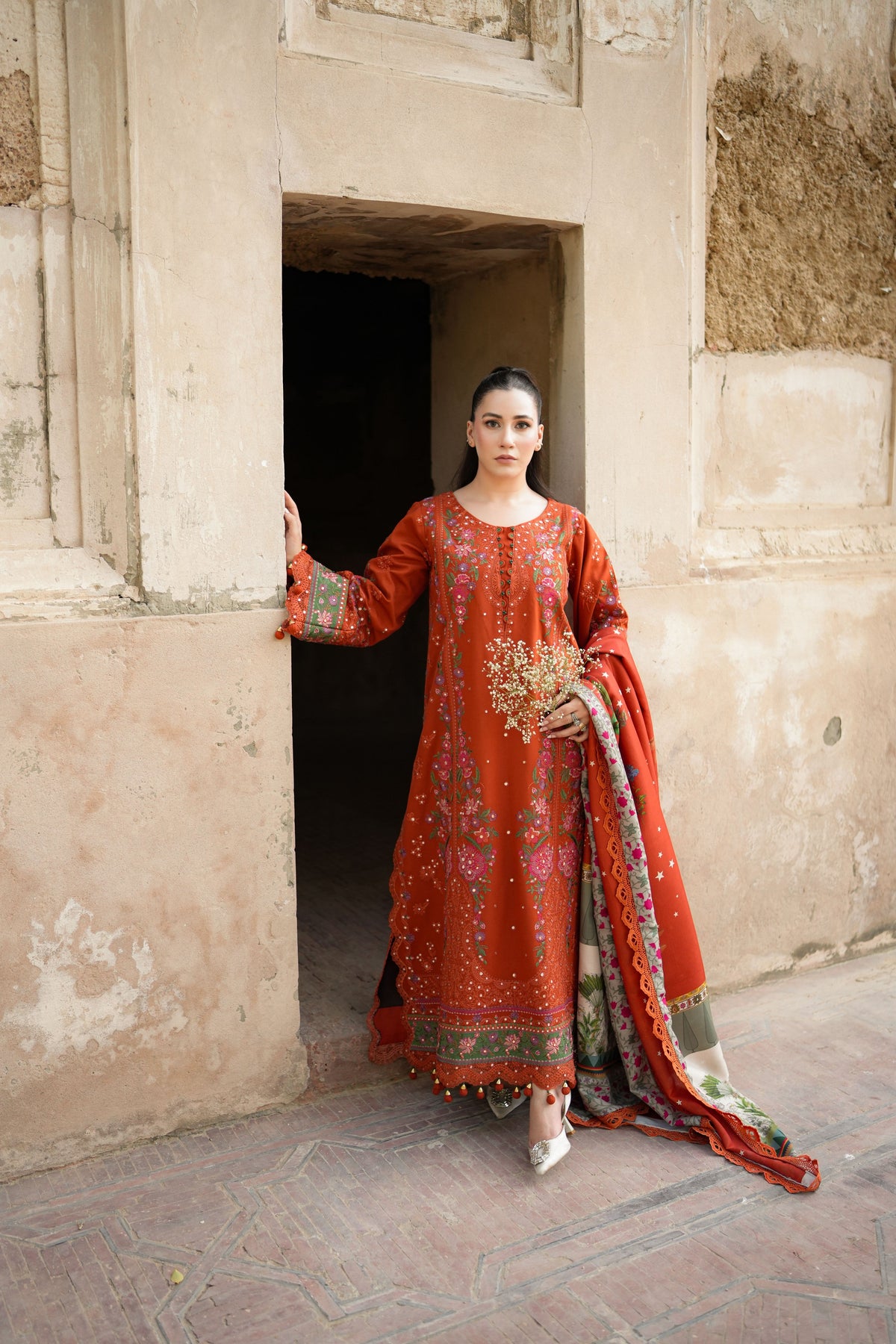 Rs 19500 Aneelas Stitched Karandi Emb 3pc Print Shawl [KR-26-13] [Dispatch Time 2 Months]