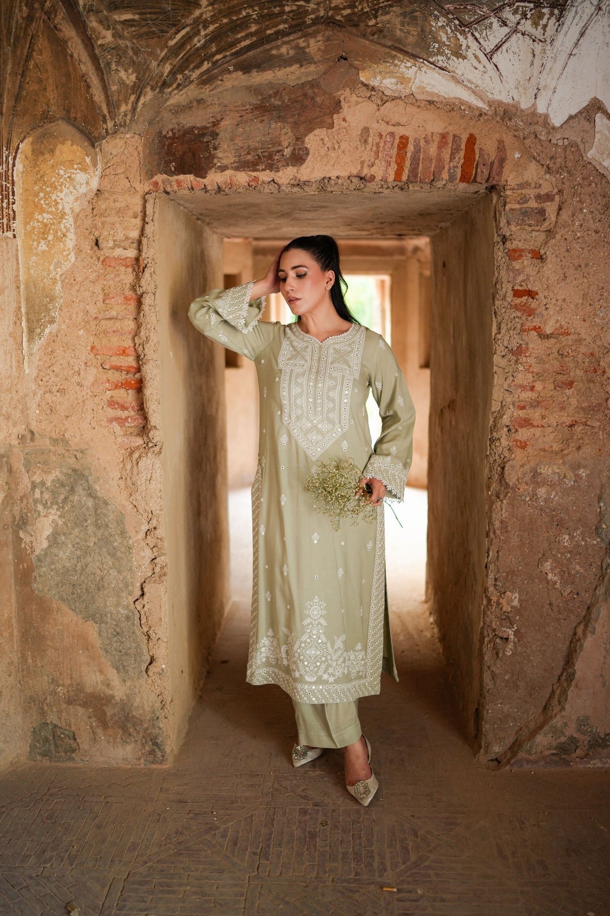 Rs 11000 Aneelas Stitched Peach Wool Emb Shirt Trouser 2pc [PLX-26-08] [Dispatch Time 2.5 Months]