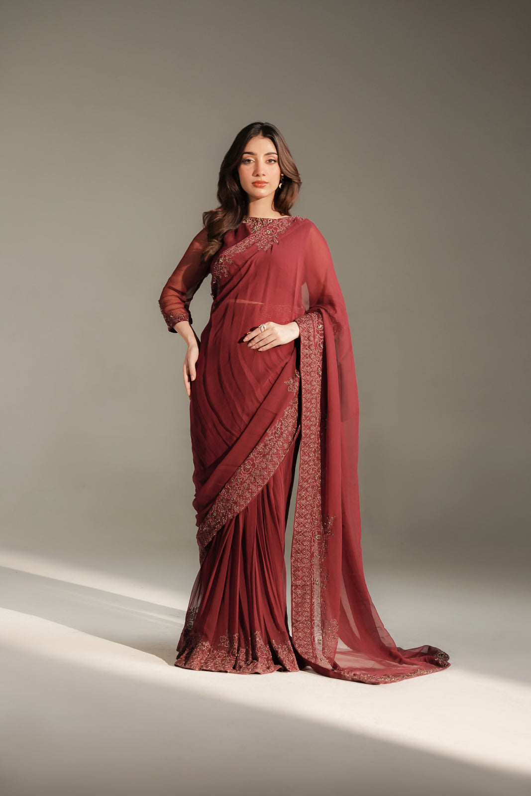 3 Piece Chiffon Embroidered Saree (FW0036)