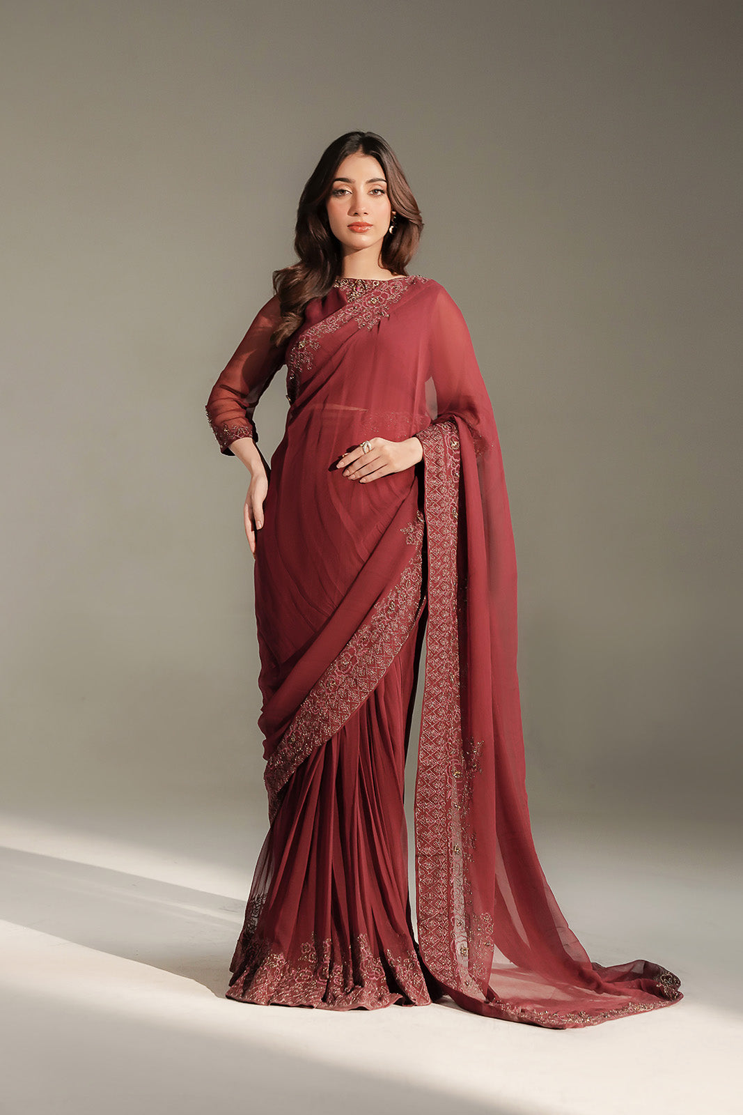 3 Piece Chiffon Embroidered Saree/Blouse/Petticoat (FW0036)