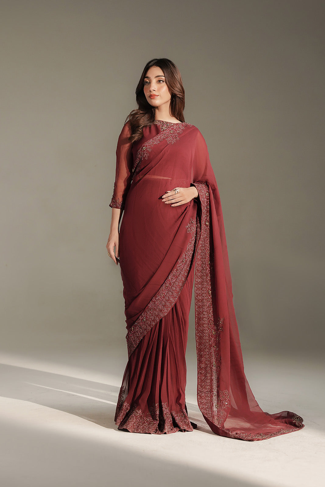 3 Piece Chiffon Embroidered Saree/Blouse/Petticoat (FW0036)