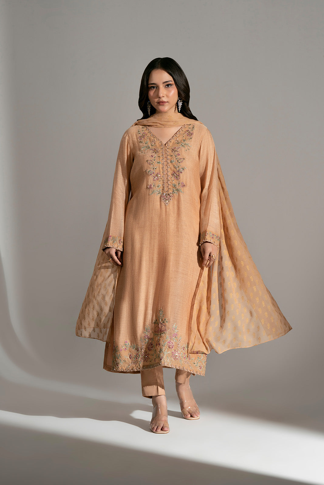 3 Piece Khadi Net Embroidered Suit (FL0196)