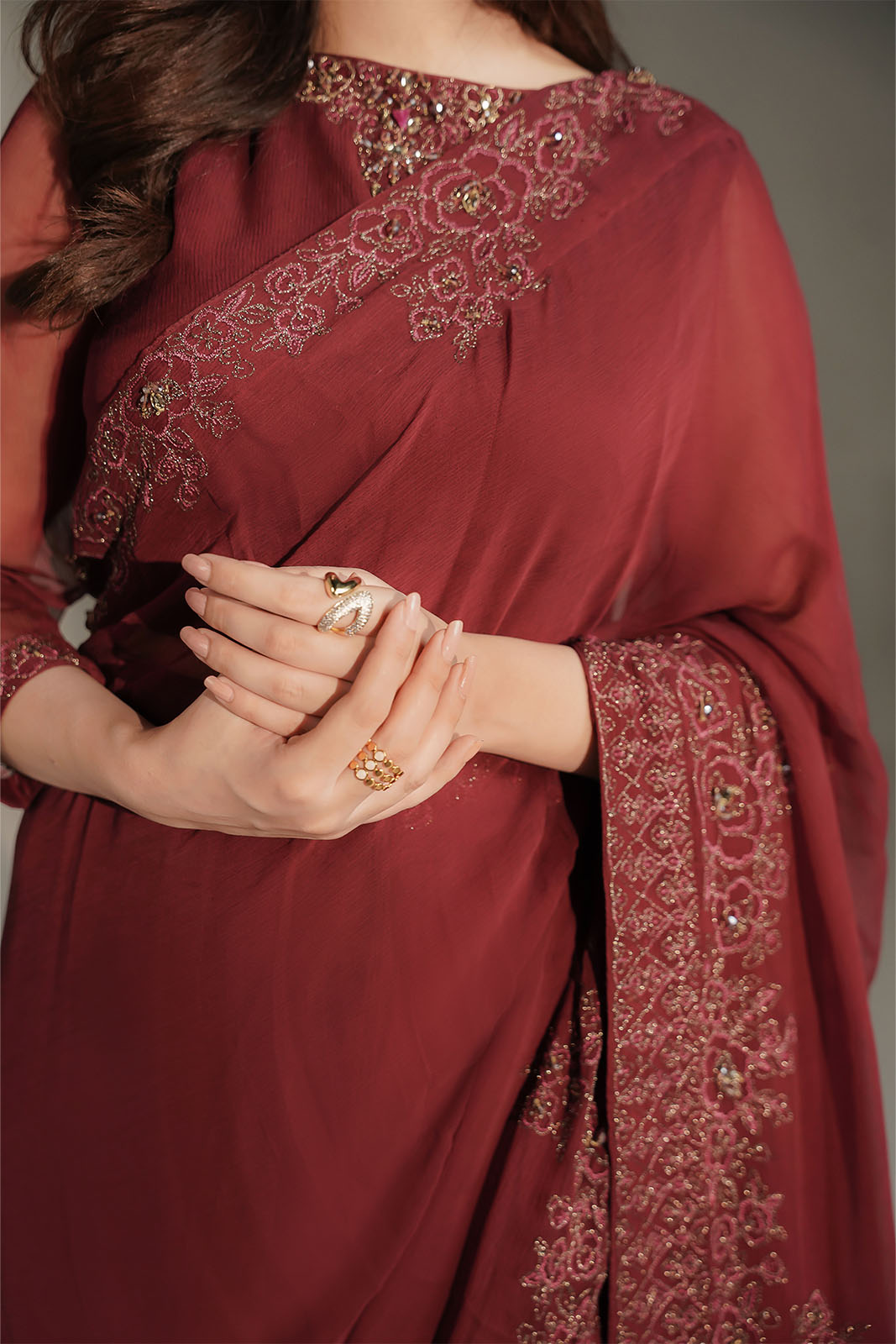 3 Piece Chiffon Embroidered Saree/Blouse/Petticoat (FW0036)