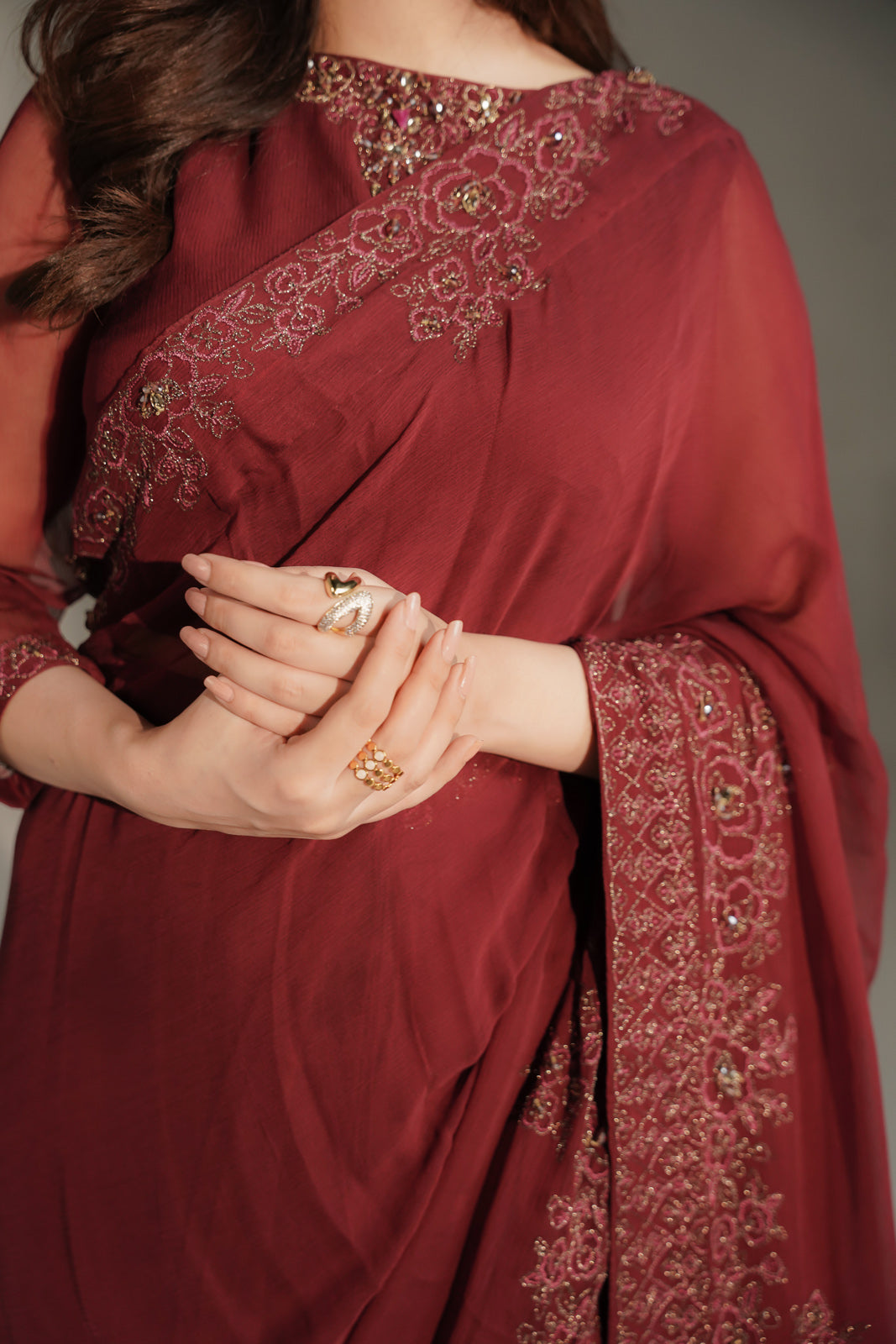 3 Piece Chiffon Embroidered Saree (FW0036)