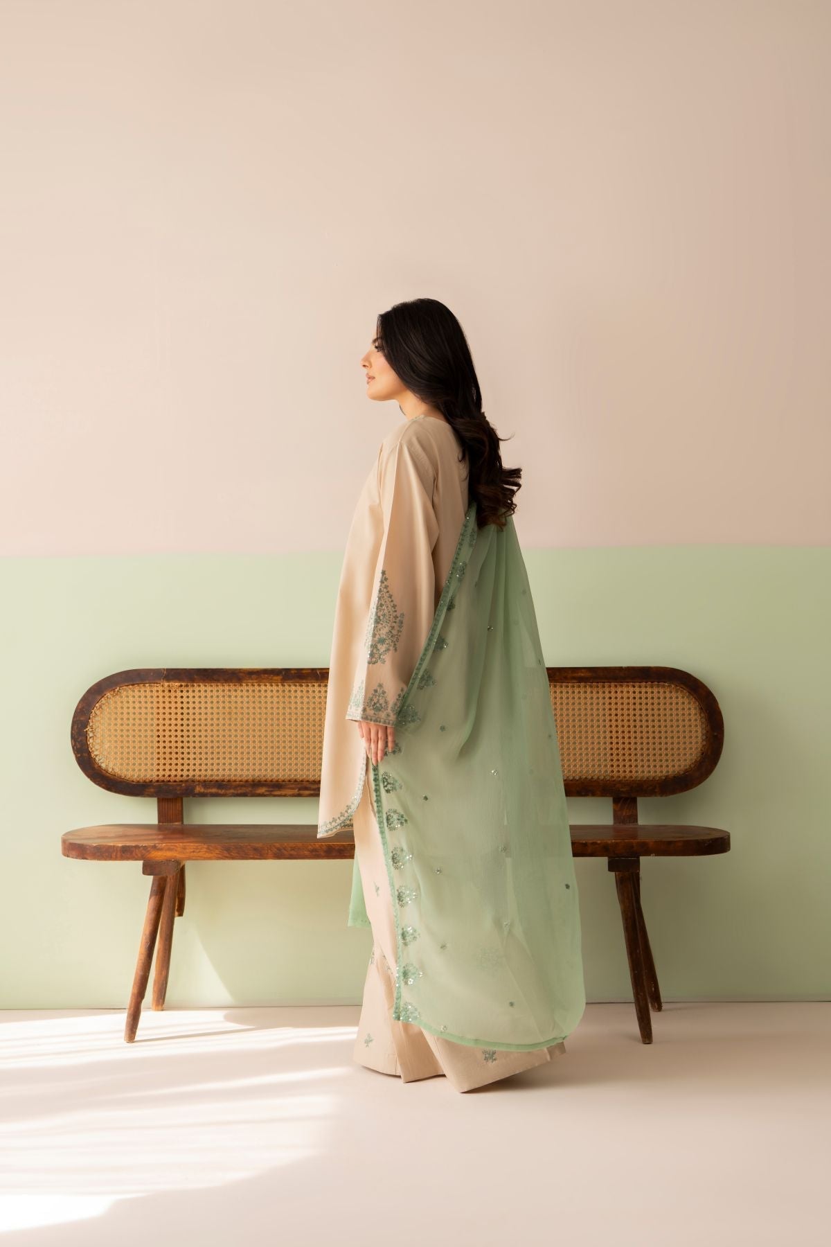Beige Mist Embroidered Lawn Suit | Neckline & Sleeve Detail