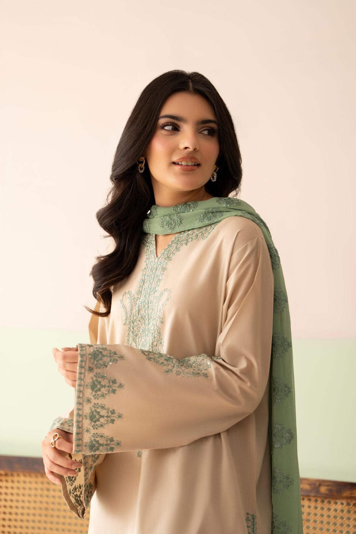 Beige Mist Embroidered Lawn Suit | Neckline & Sleeve Detail