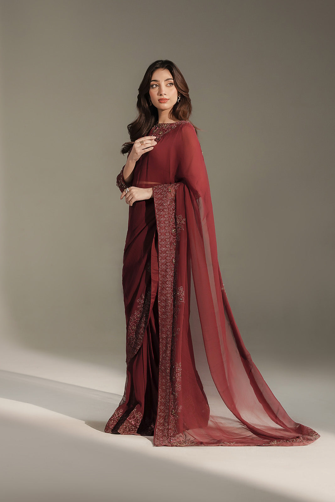 3 Piece Chiffon Embroidered Saree/Blouse/Petticoat (FW0036)