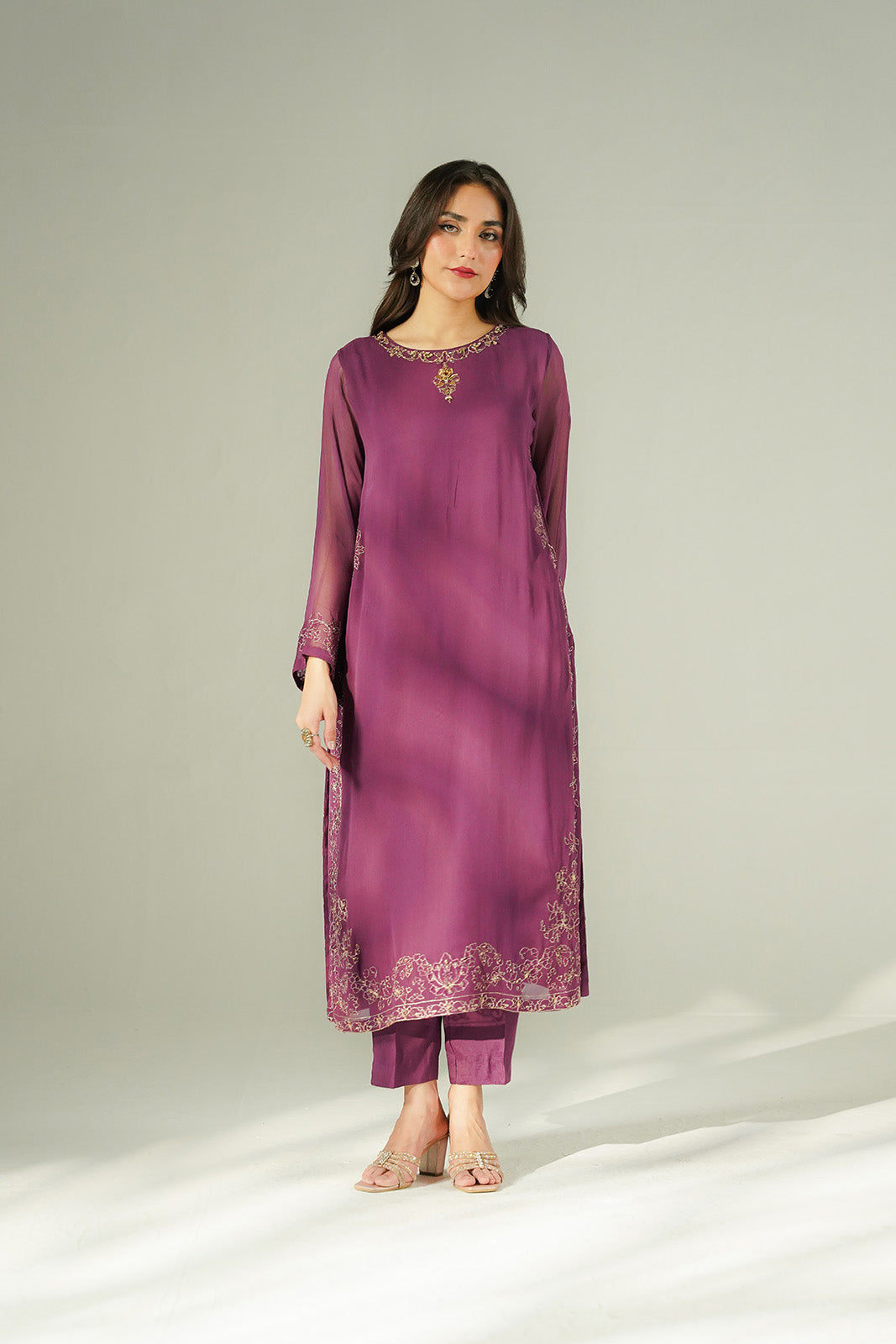 2 Piece Chiffon Embroidered Suit (FL0213)