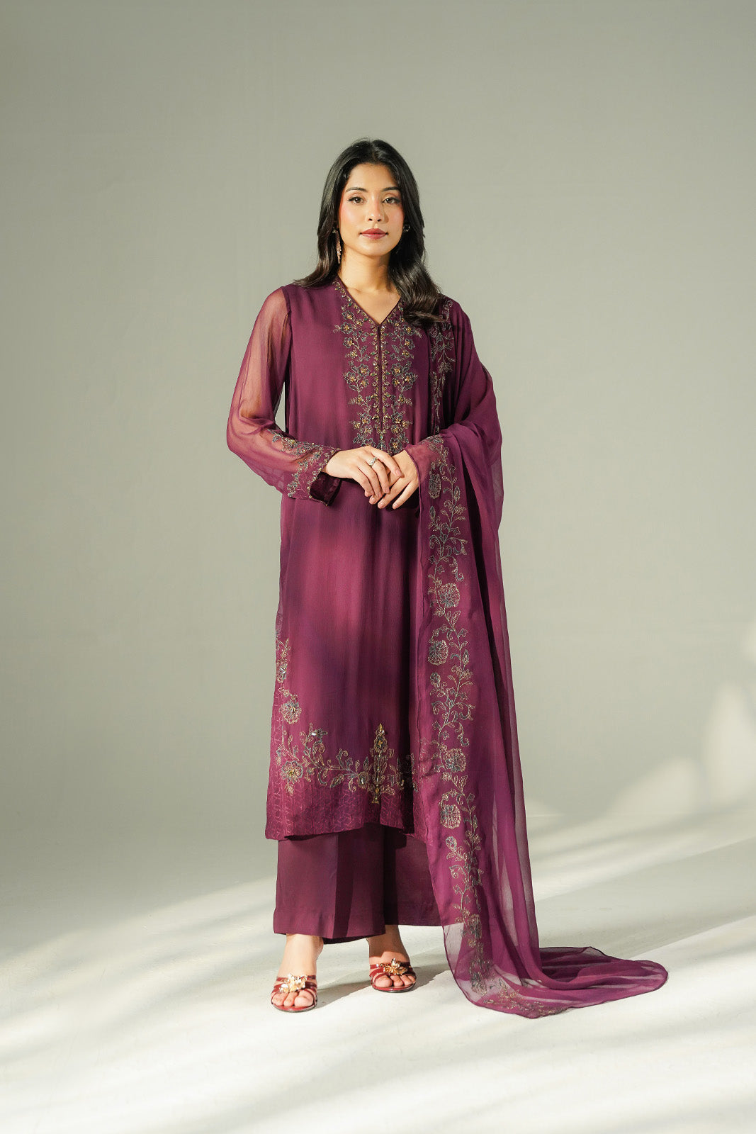 3 Piece Chiffon Embroidered Suit (FL0216)
