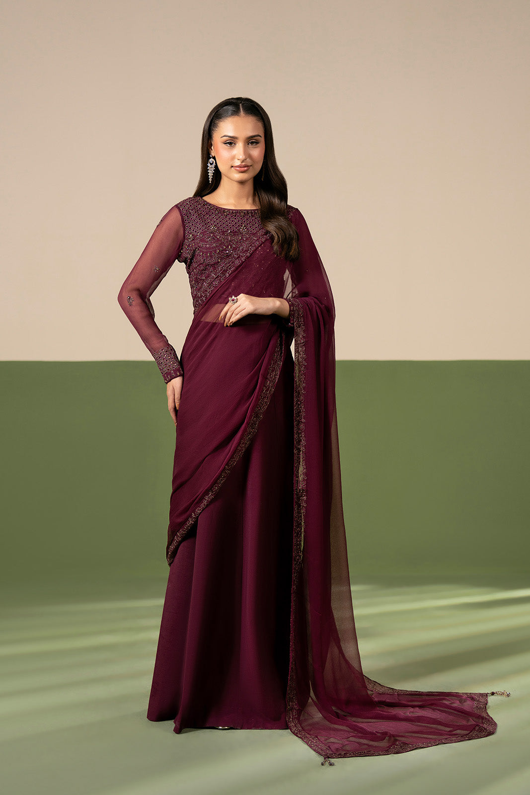 2 Piece Chiffon Embroidered Saree (FW0033)