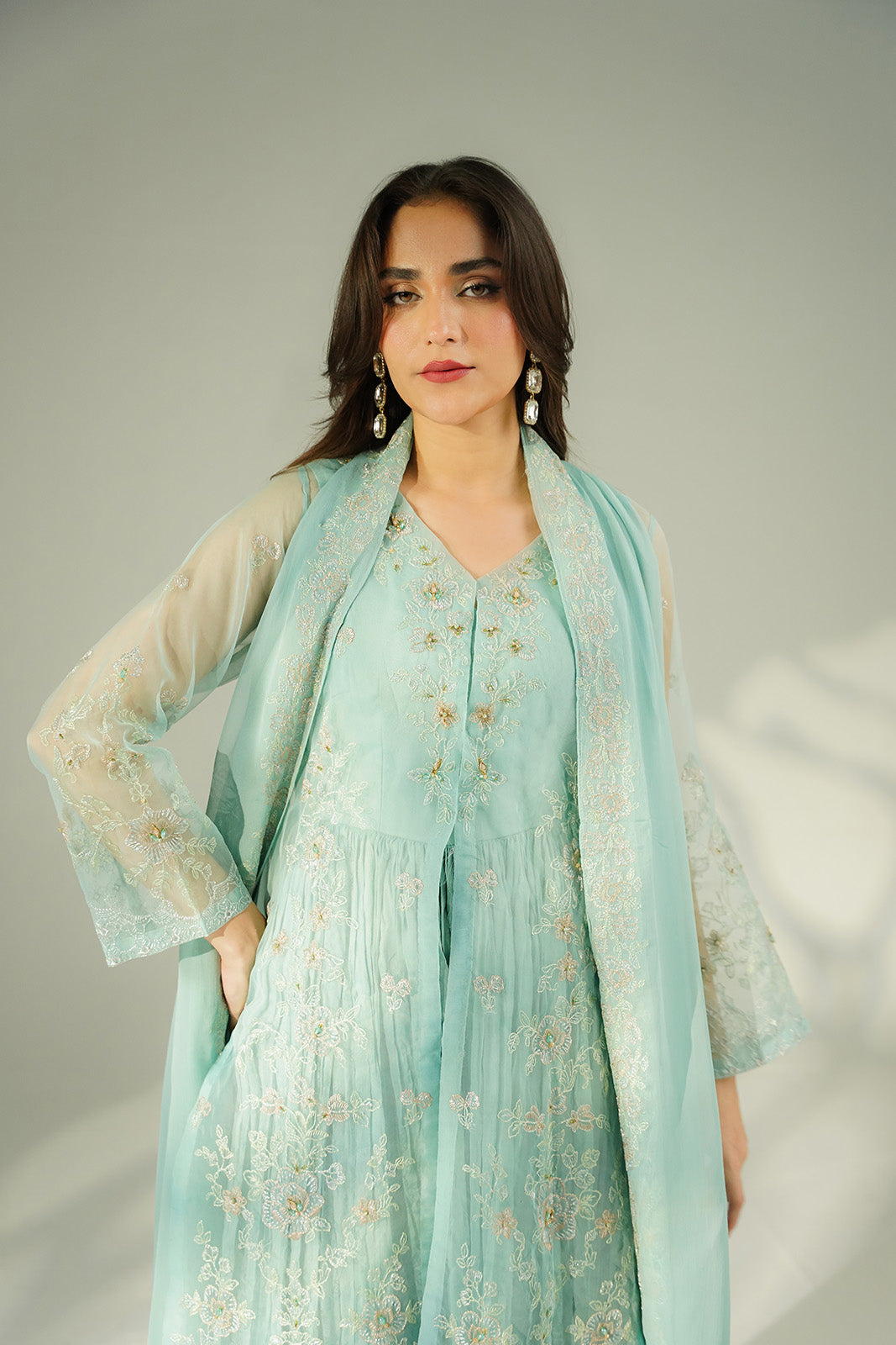 2 Piece Synthetic Organza Embroidered Suit (FW0027)