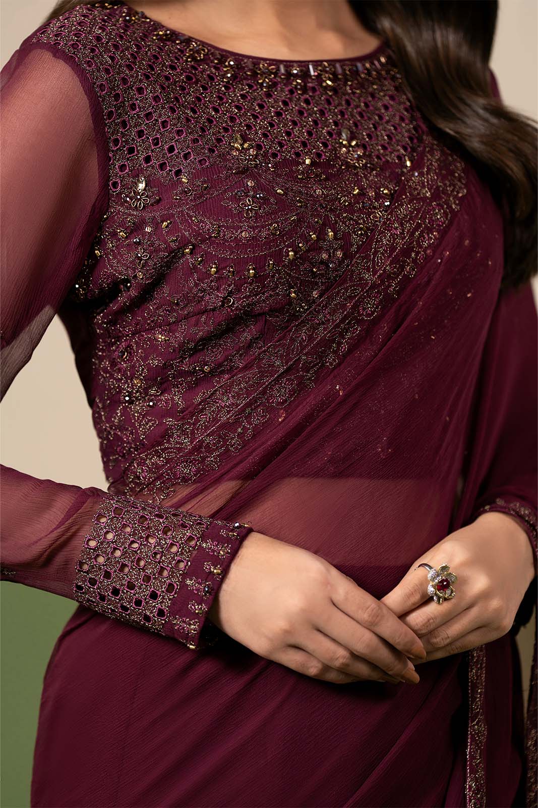 2 Piece Chiffon Embroidered Saree (FW0033)