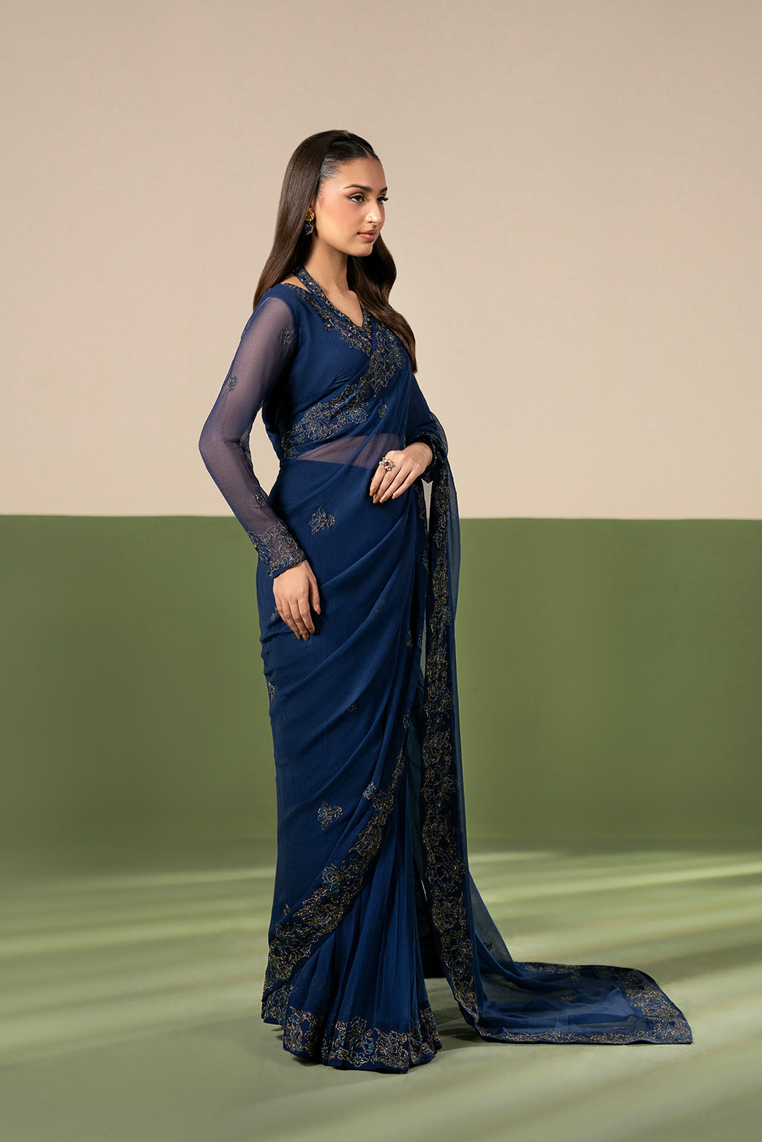 3 Piece Chiffon Embroidered Saree/Blouse/Petticoat (FW0029)