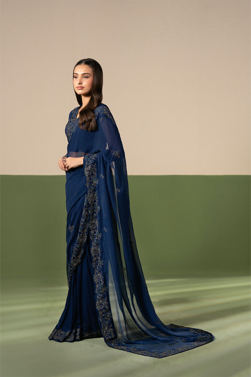 3 Piece Chiffon Embroidered Saree/Blouse/Petticoat (FW0029)