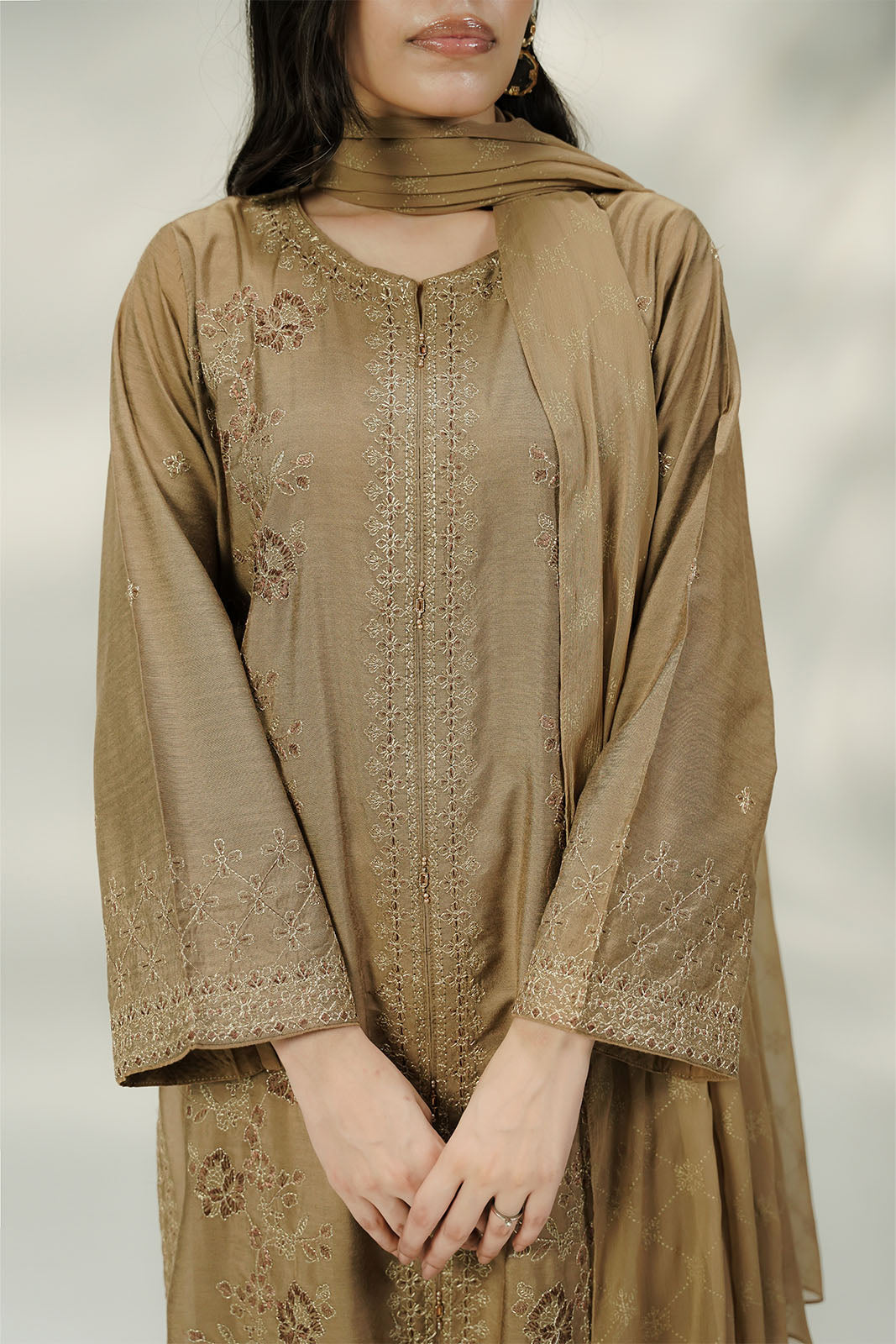 3 Piece Cotton Silk Embroidered Suit (FL0238)