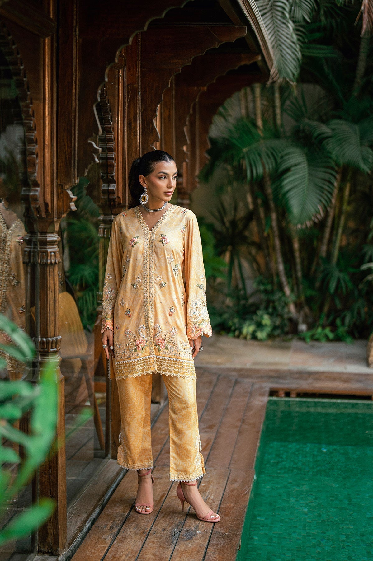 SS25DA-2753 YELLOW 2PCS HAND EMBELLISHED KURTA WITH TROUSER