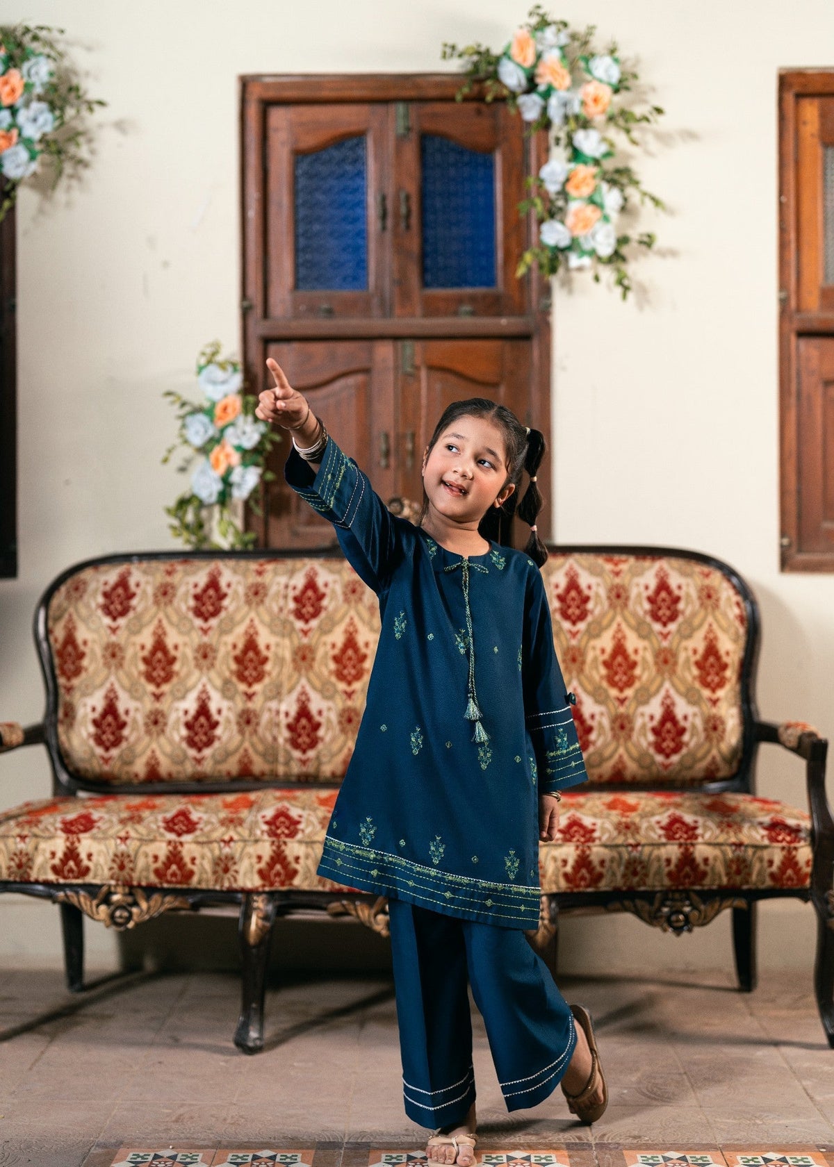 Banarasi katan Kurta Set in Prussian blue