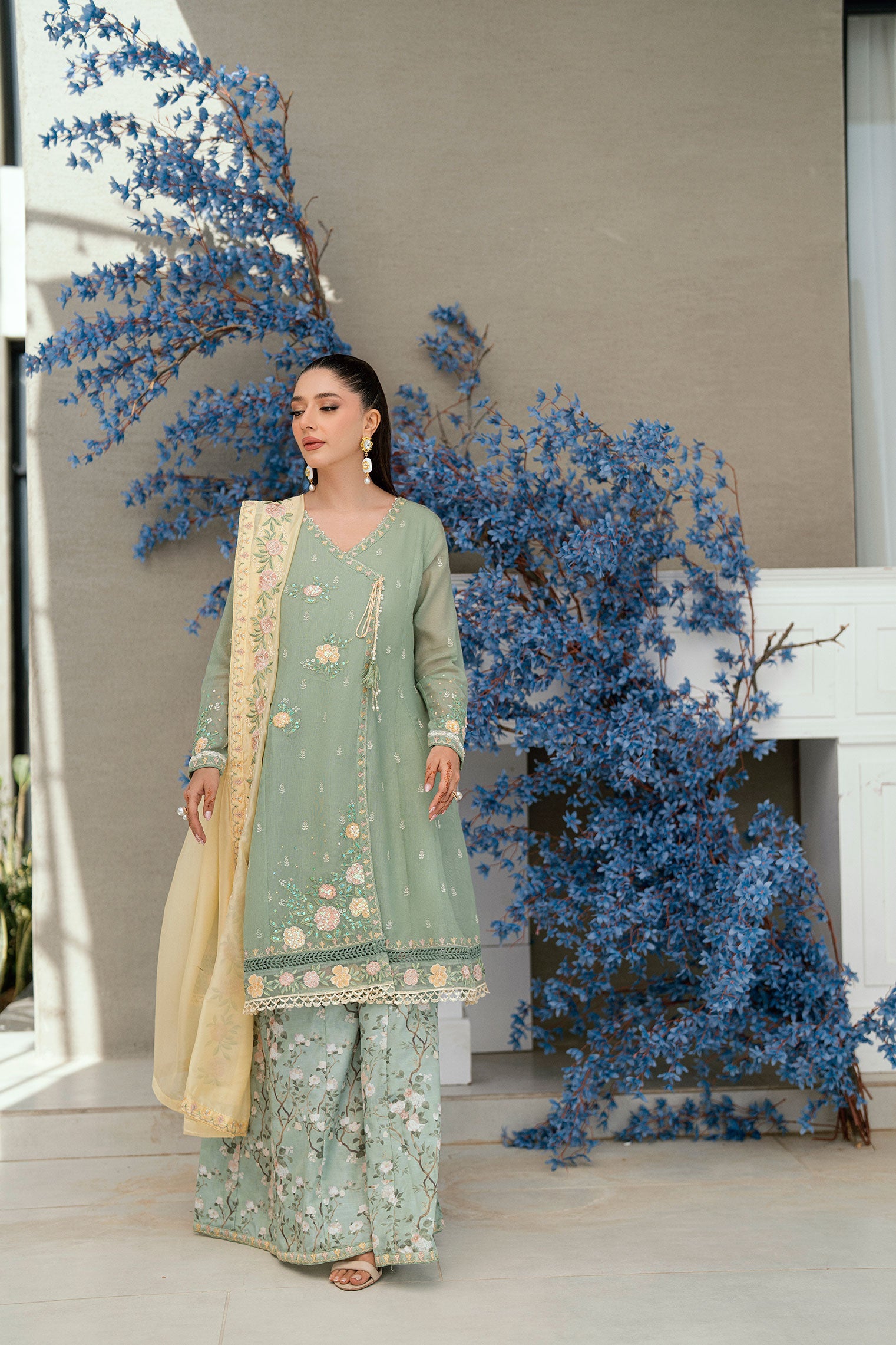 SS25DA-2705 LIGHT GREEN 2PCS  EMBROIDERED KURTA WITH TROUSER