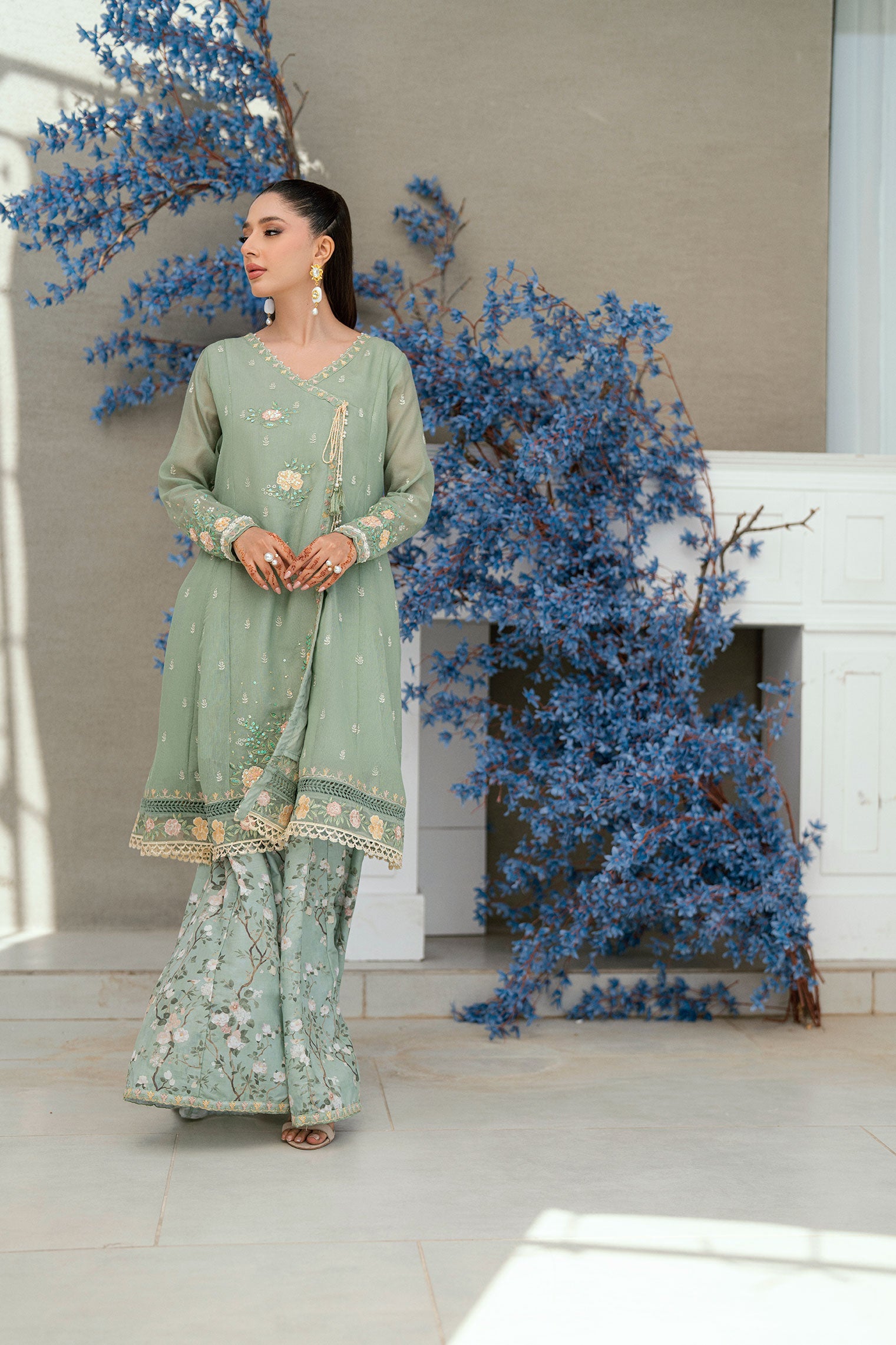 SS25DA-2705 LIGHT GREEN 2PCS  EMBROIDERED KURTA WITH TROUSER