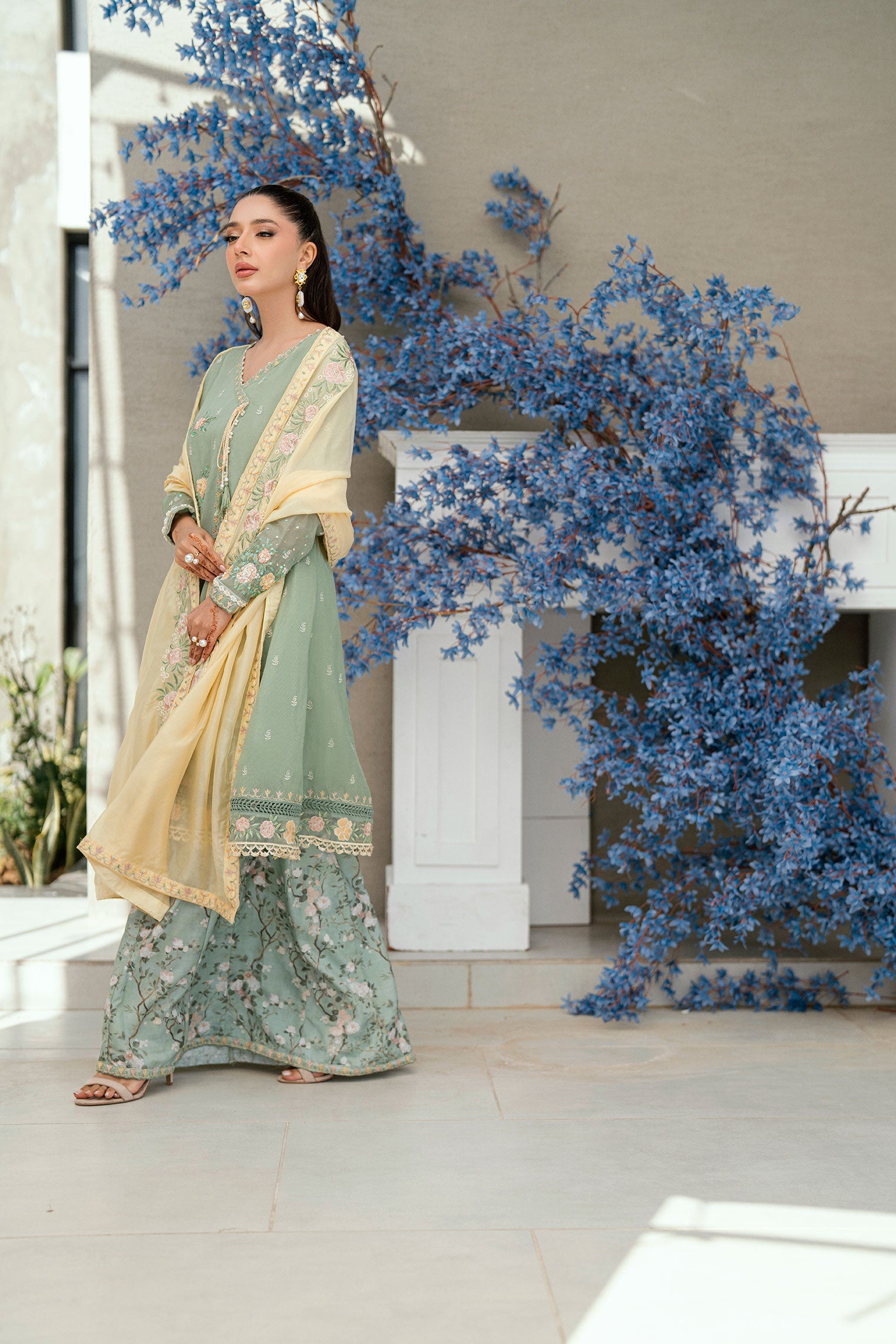 SS25DA-2705 LIGHT GREEN 2PCS  EMBROIDERED KURTA WITH TROUSER