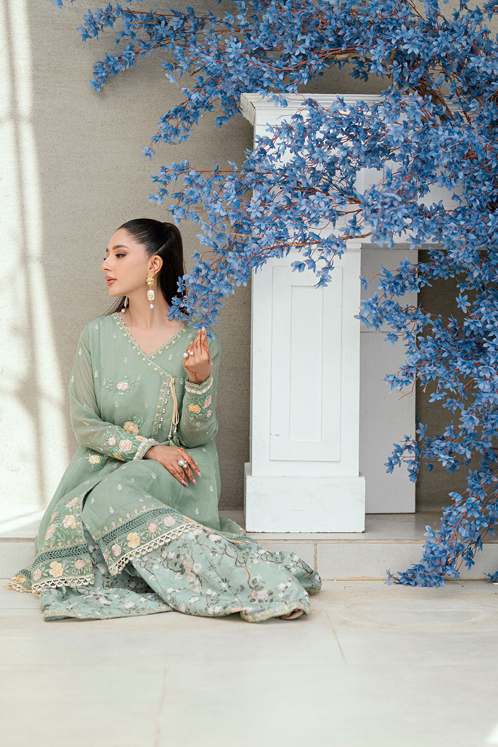 SS25DA-2705 LIGHT GREEN 2PCS  EMBROIDERED KURTA WITH TROUSER