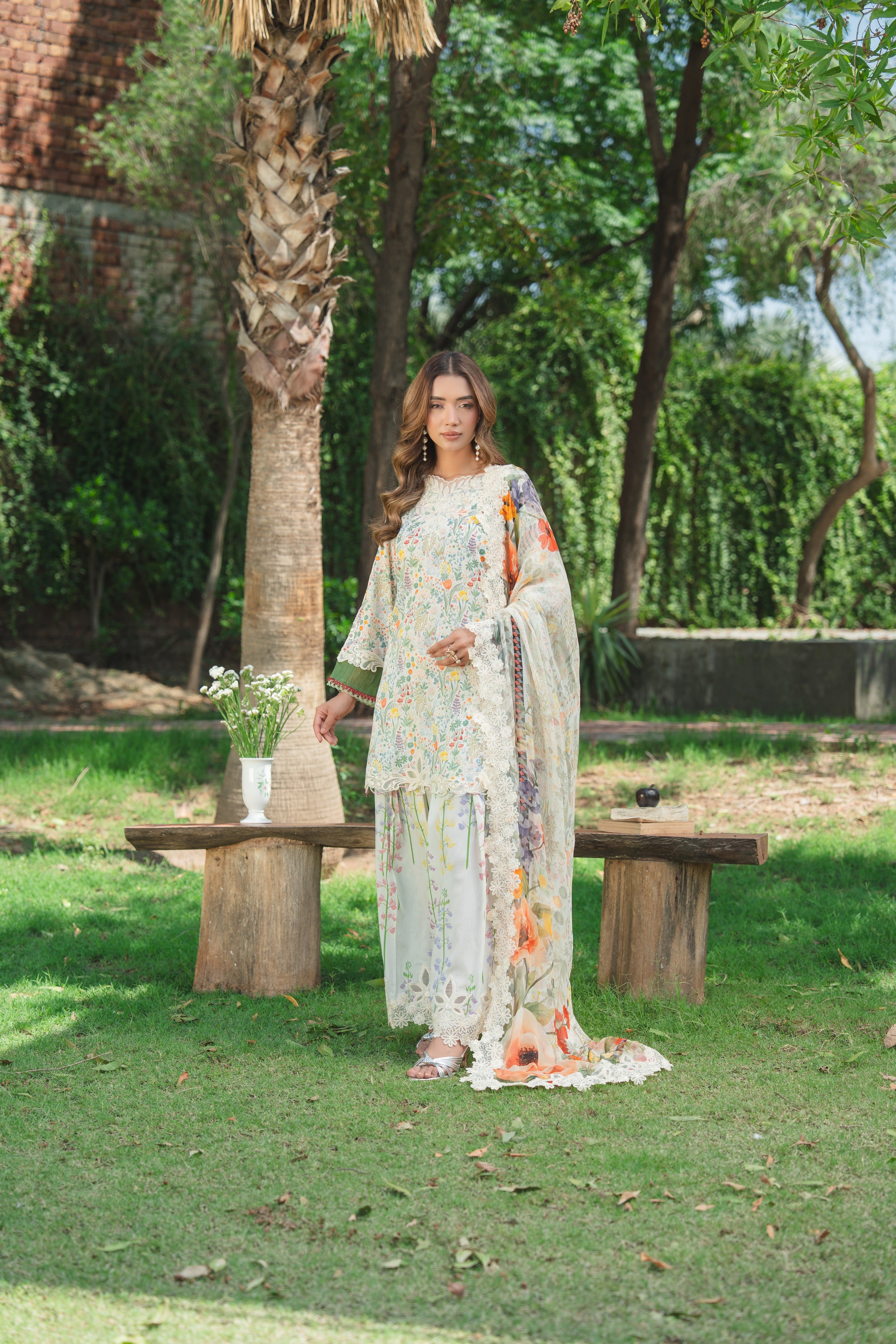 Aneelas Print Emb Lawn Print Emb 3pc Chiffon Duppata [SPR-26-37-A] [Dispatch Time 2.5 Months]
