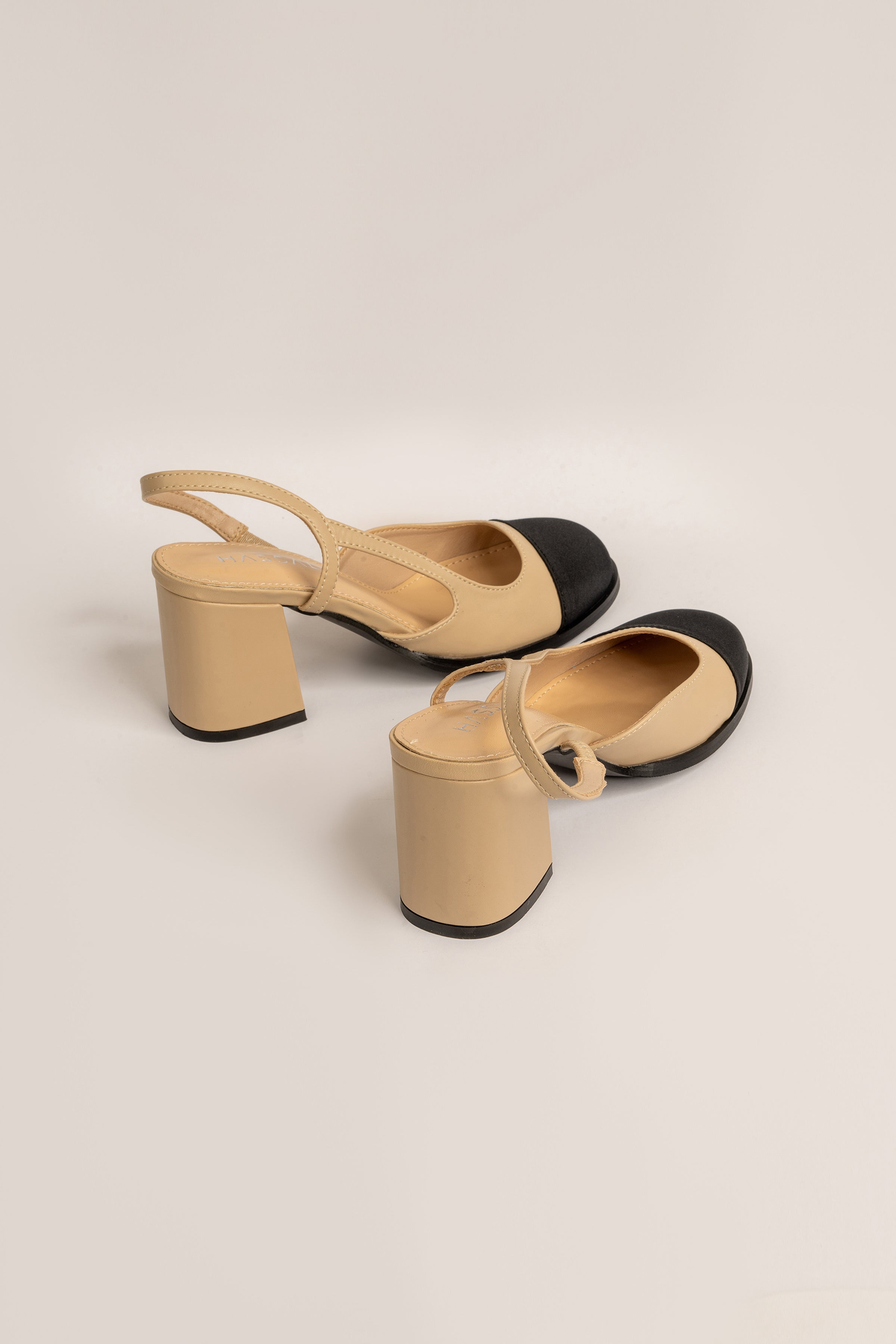 Beige & Black Sling Back Contrast Block Heels