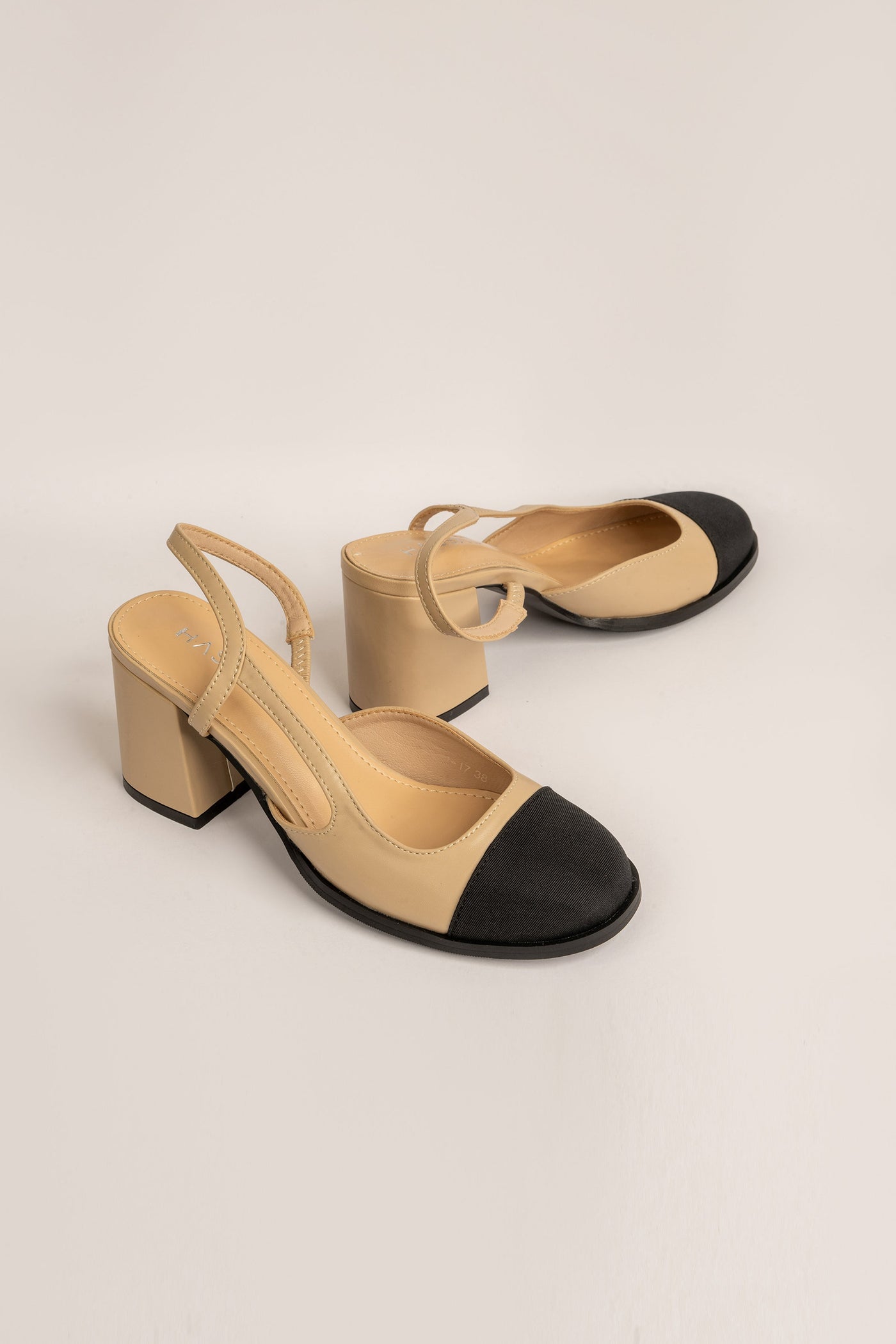 Beige & Black Sling Back Contrast Block Heels