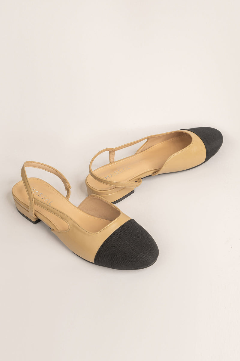 Beige & Black Sling Back Flats