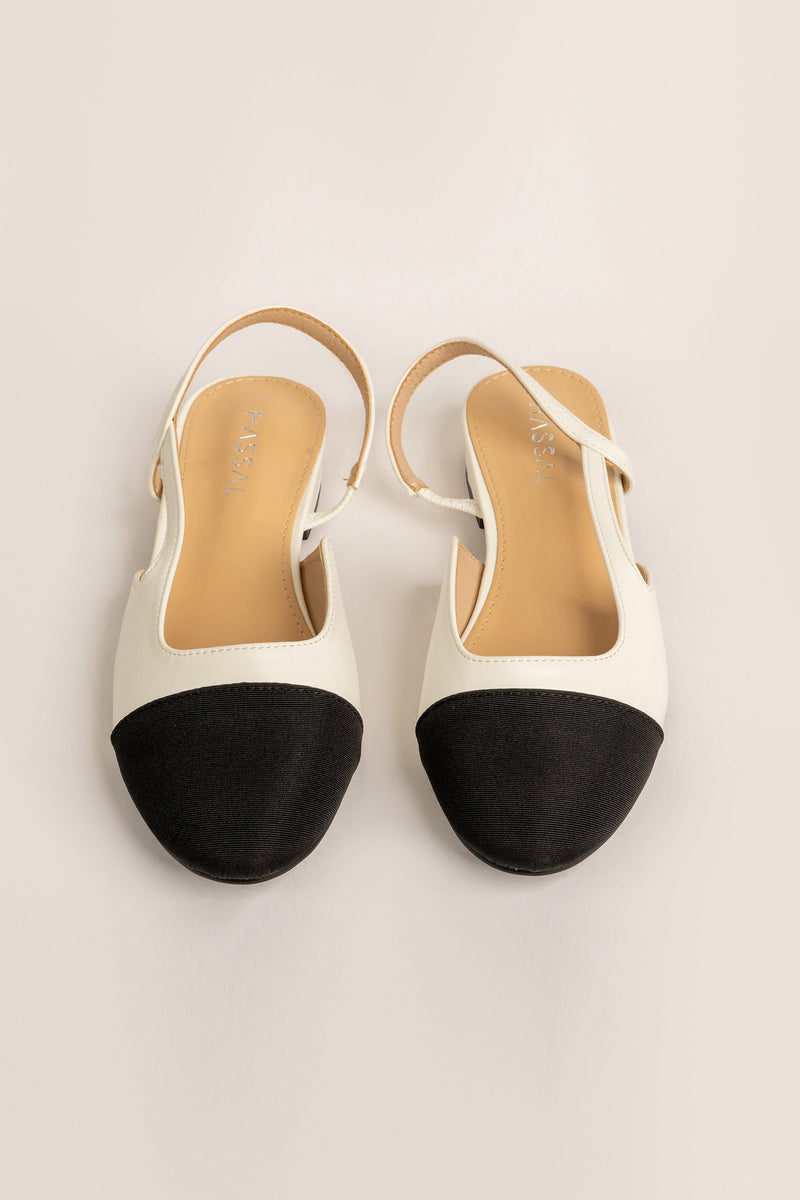 White & Black Sling Back Flats
