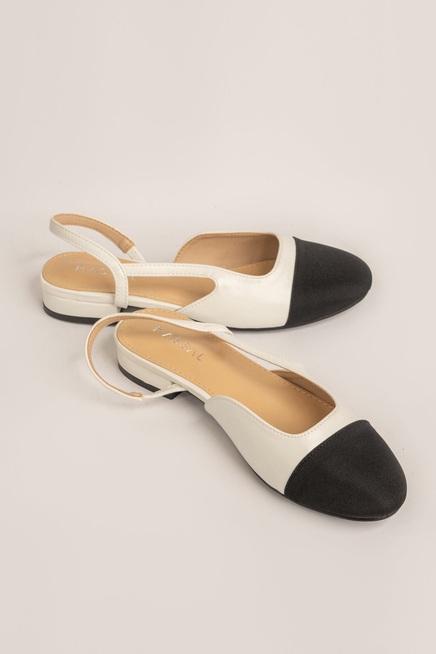 White & Black Sling Back Flats