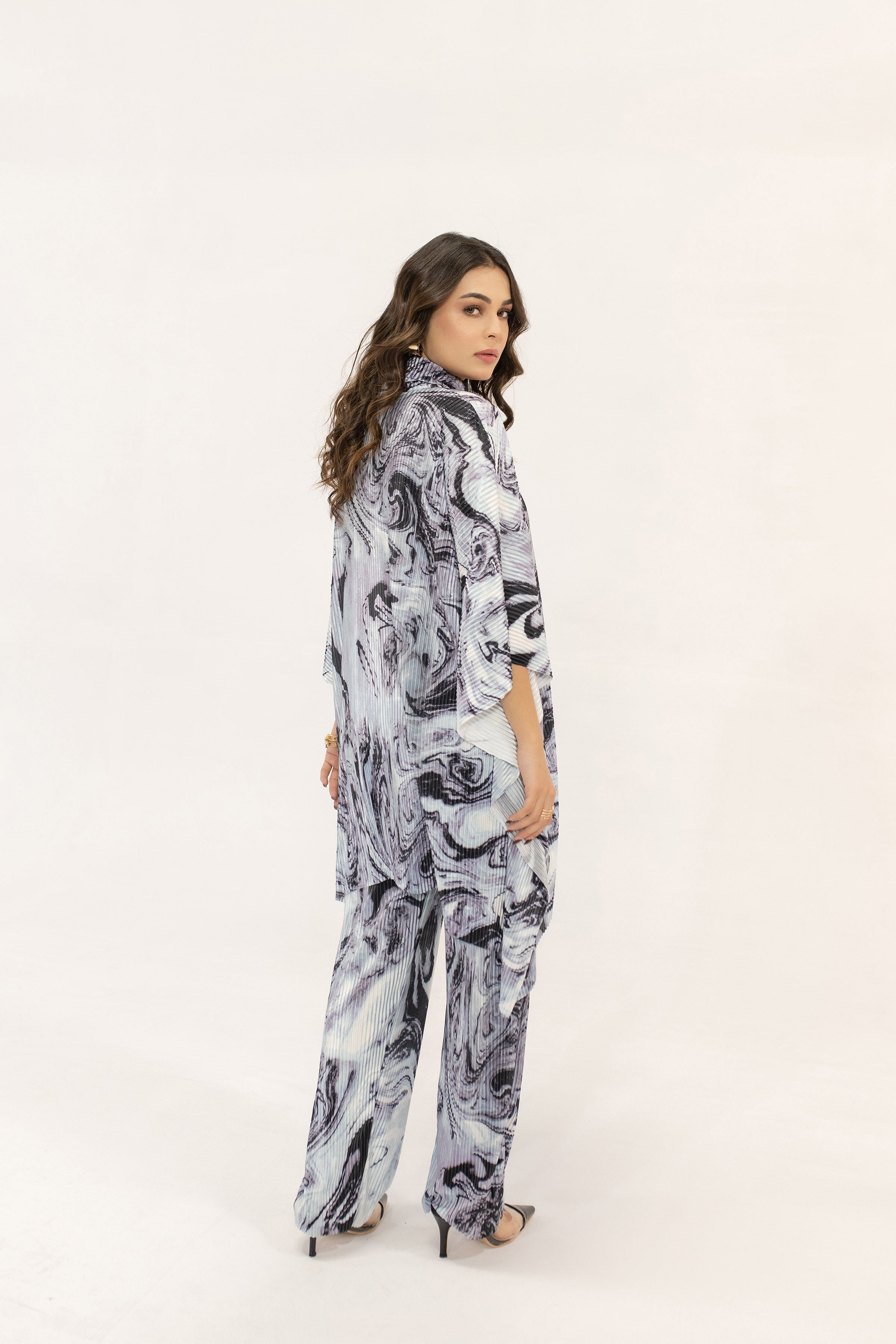 Yasmin Blue Marble Poncho Pleated Suit