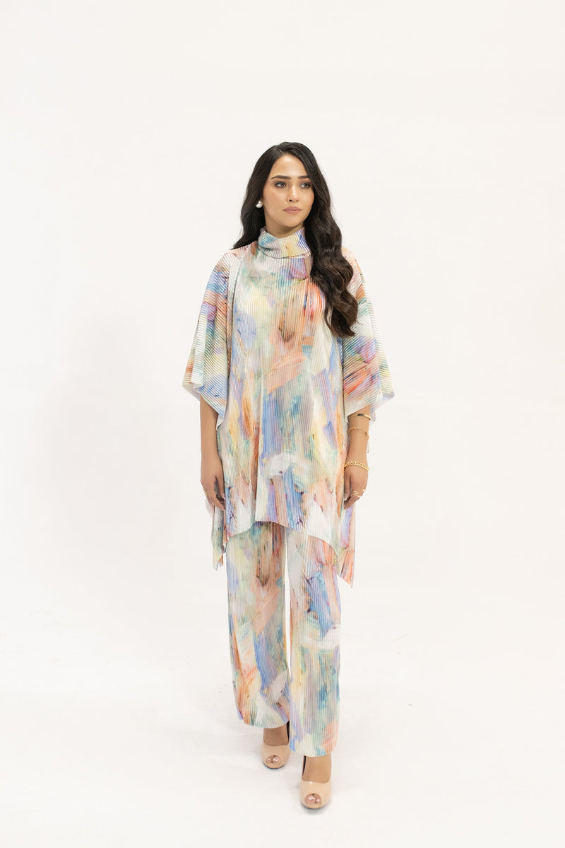 Nazik Blue /Pink Poncho Pleated Suit