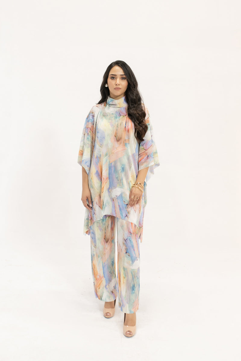 Nazik Blue /Pink Poncho Pleated Suit