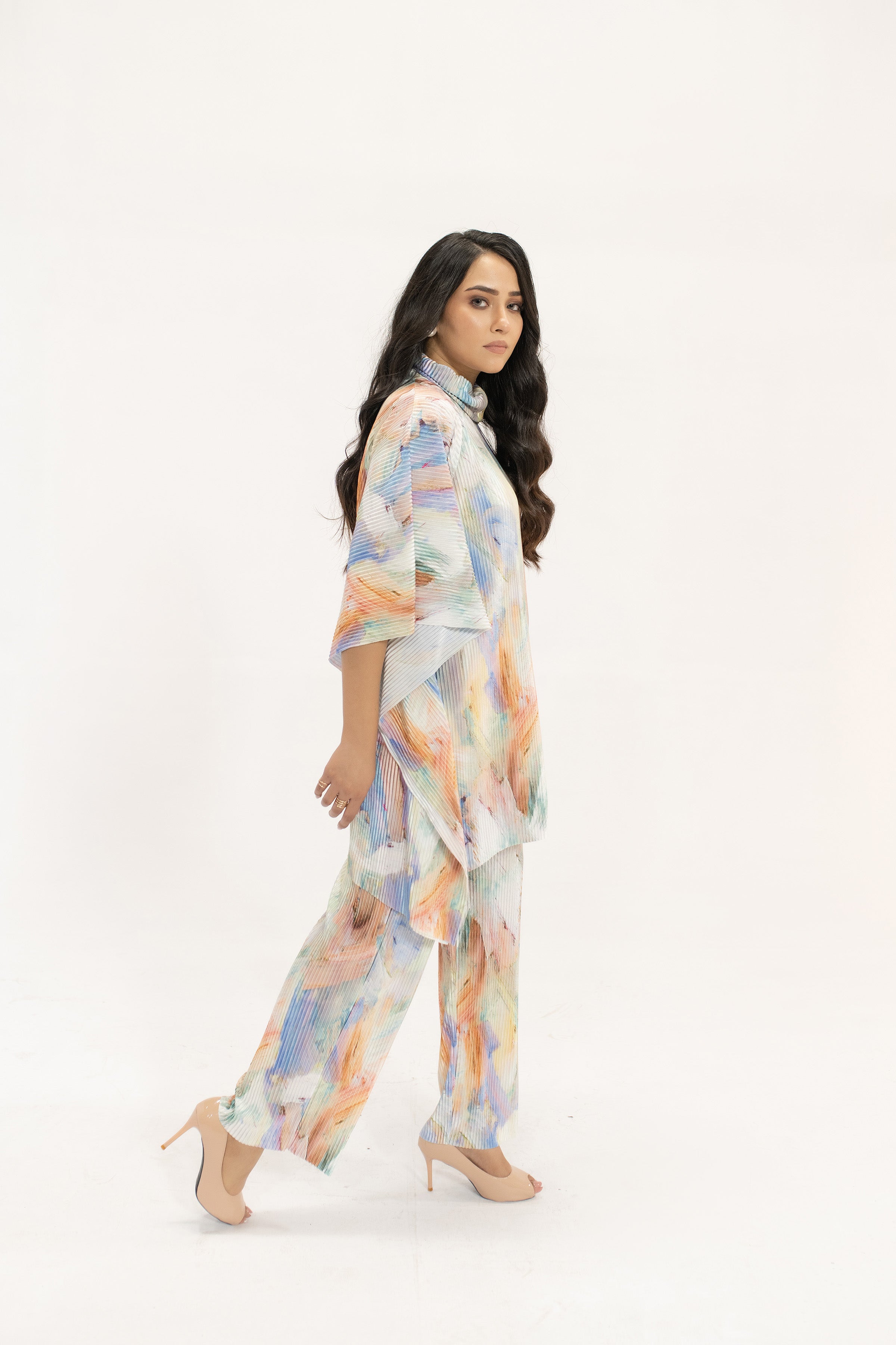 Nazik Blue /Pink  Poncho Pleated Suit