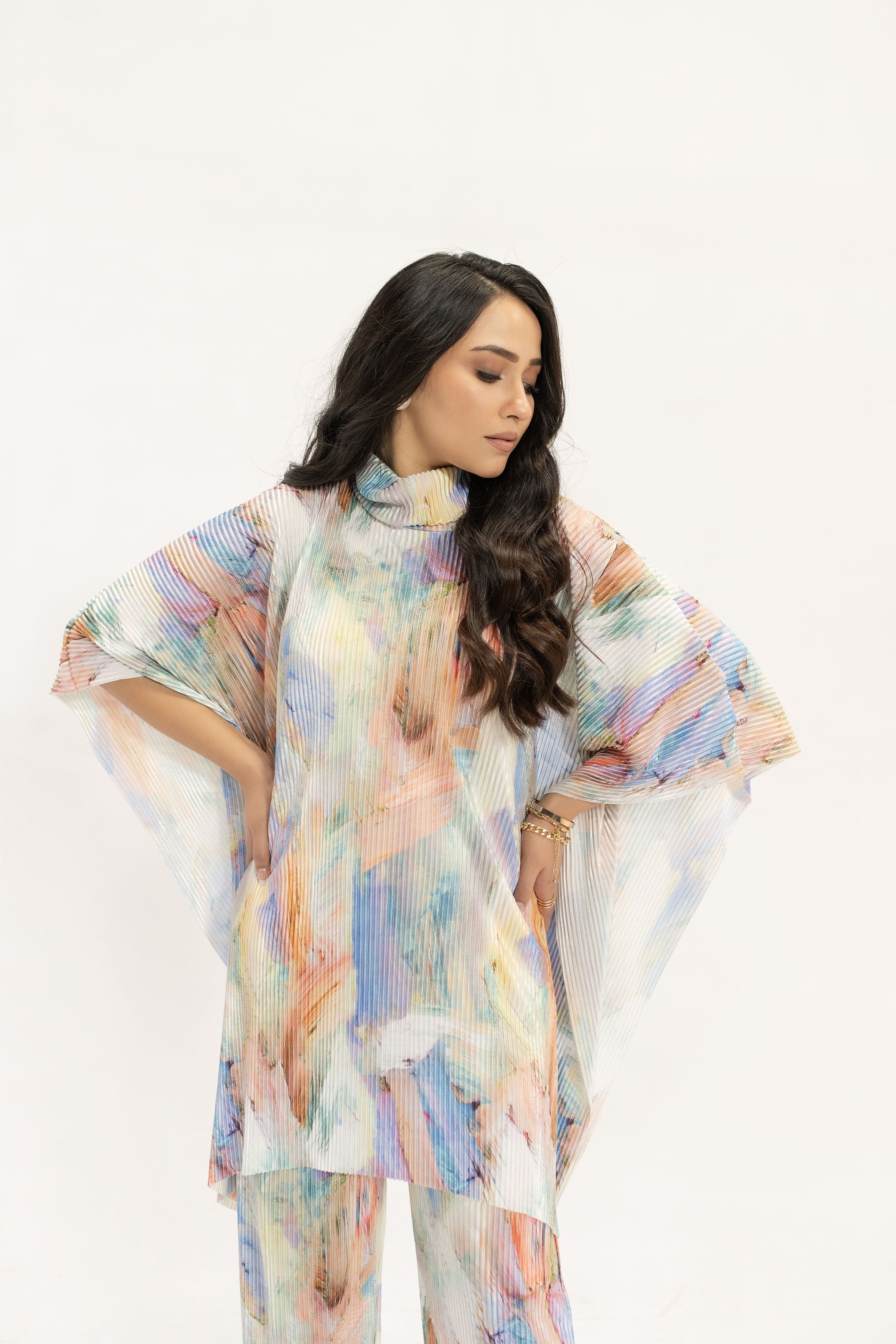 Nazik Blue /Pink  Poncho Pleated Suit