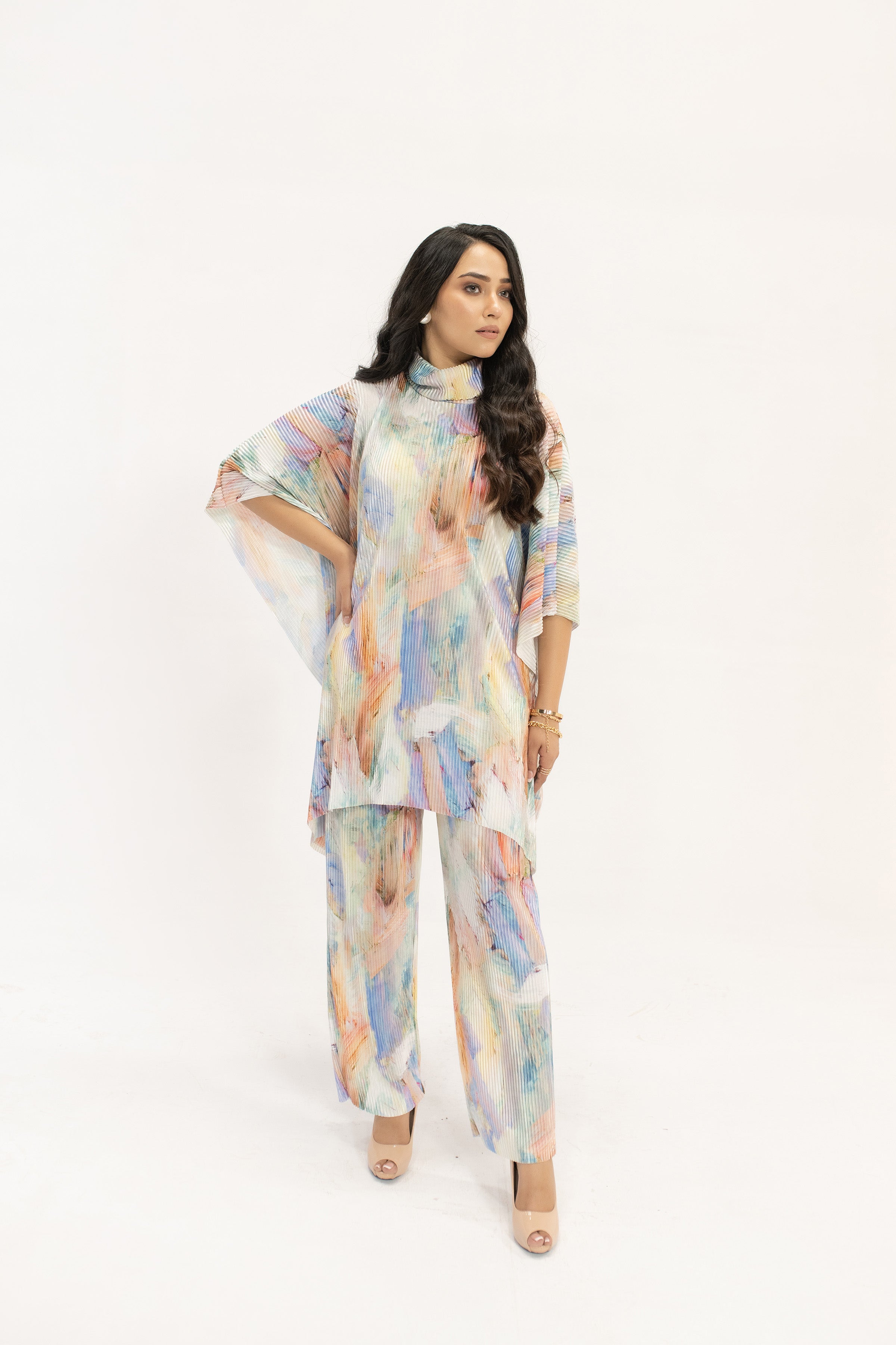 Nazik Blue /Pink  Poncho Pleated Suit