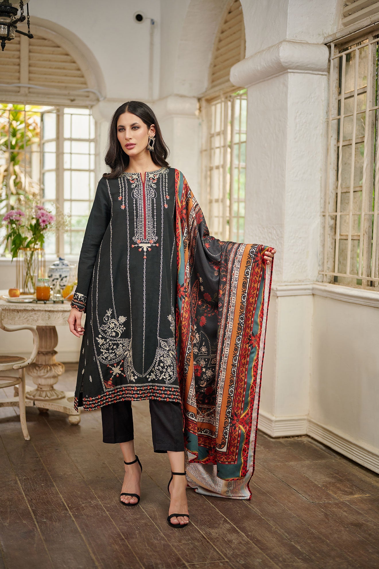 Embroidered cotton net Dupatta (As Shown)