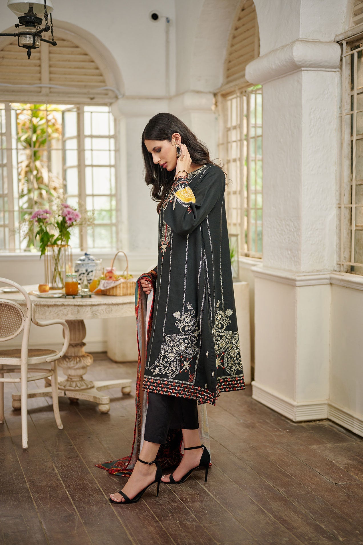 Embroidered cotton net Dupatta (As Shown)