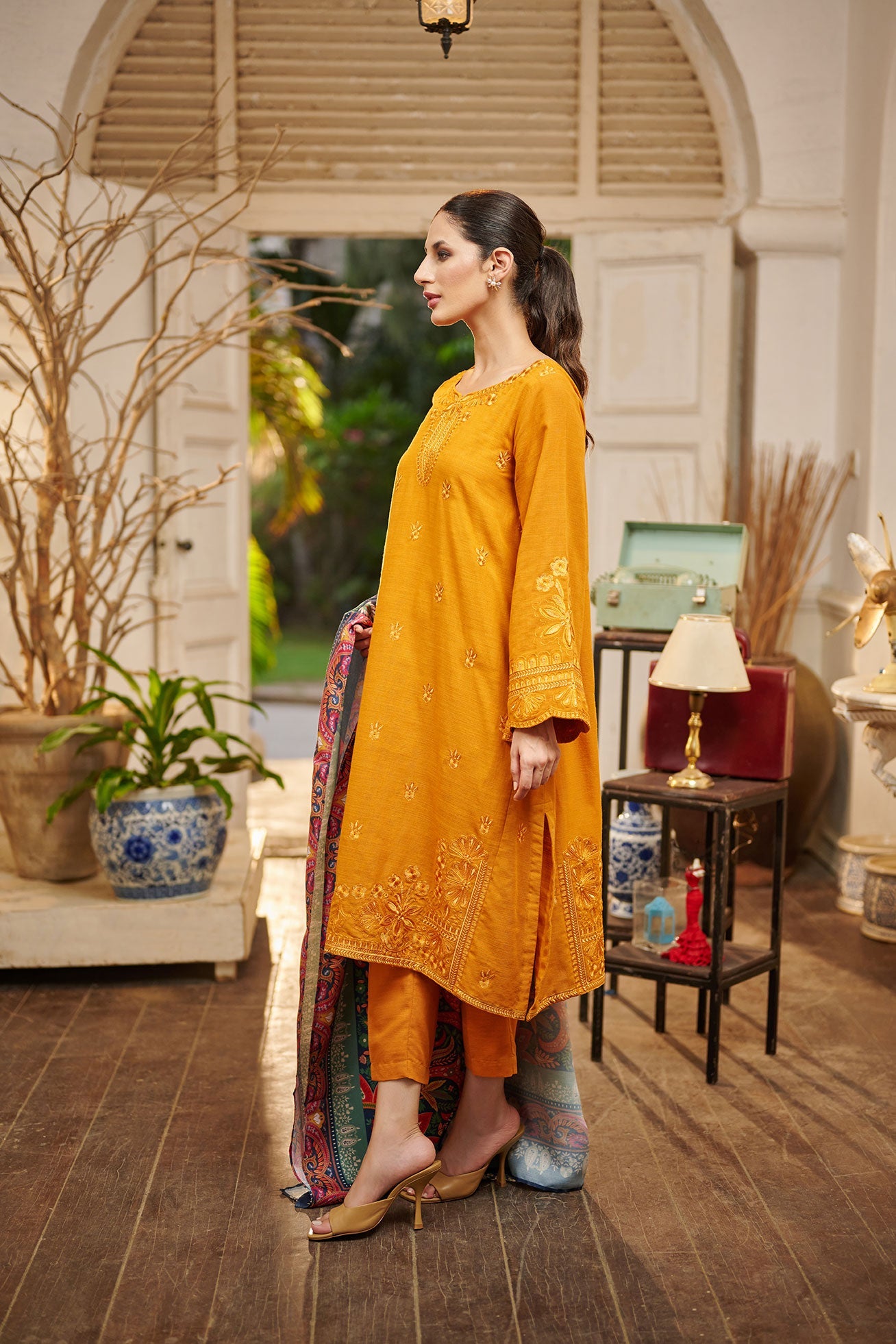 Embroidered cotton net Dupatta (As Shown)
