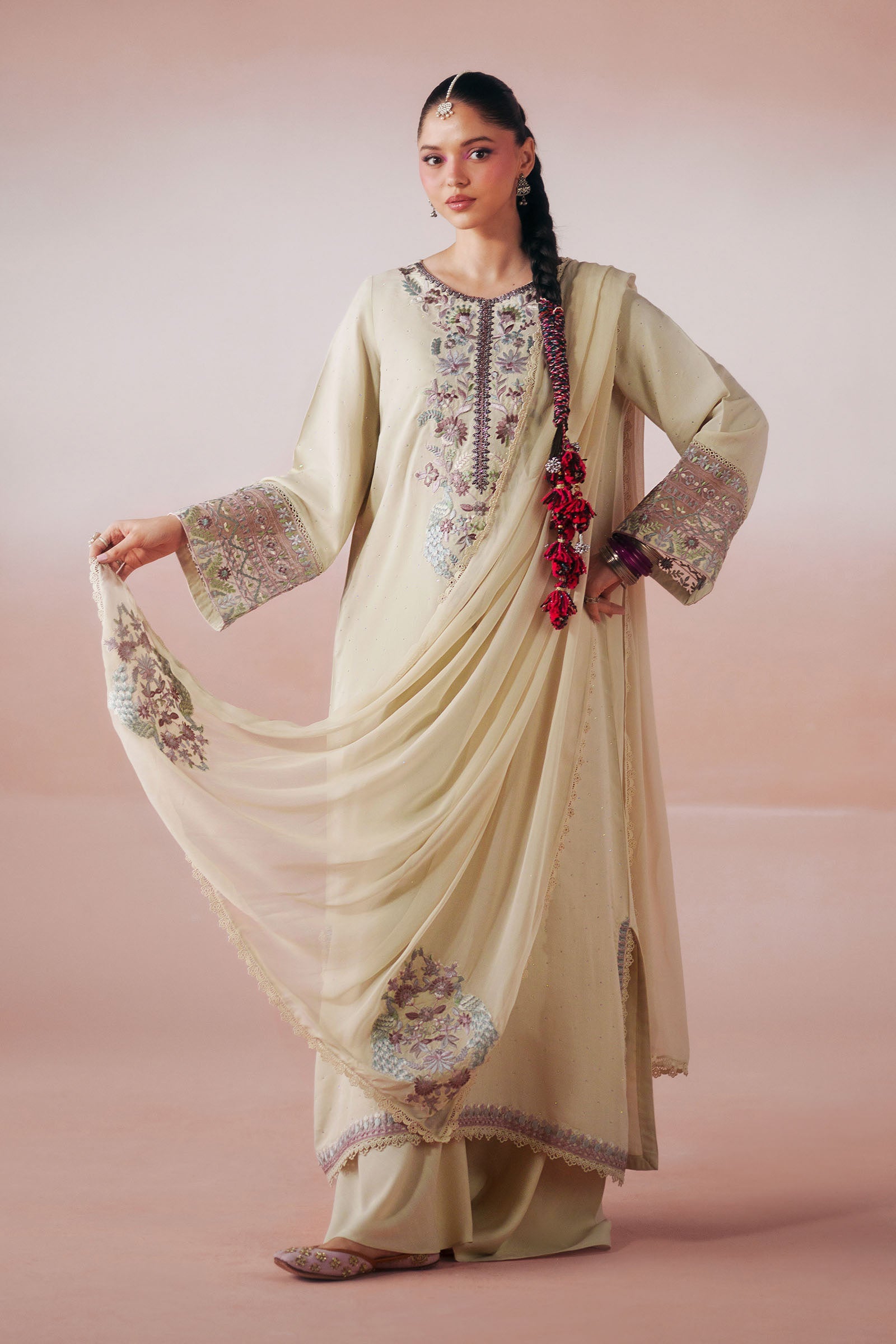 3 Piece Embroidered Raw Silk Suit