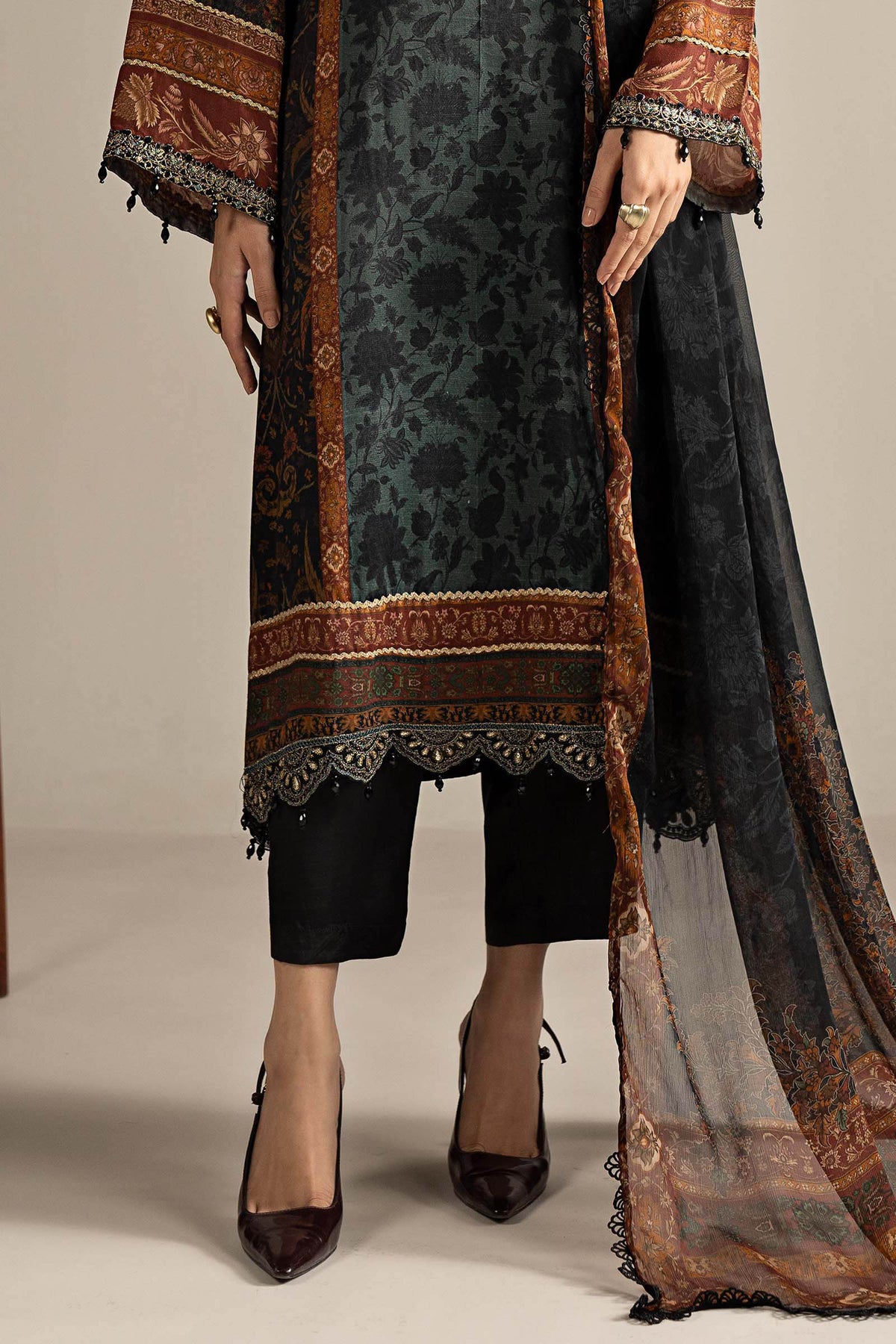 3 Piece Embroidered Raw Silk Suit