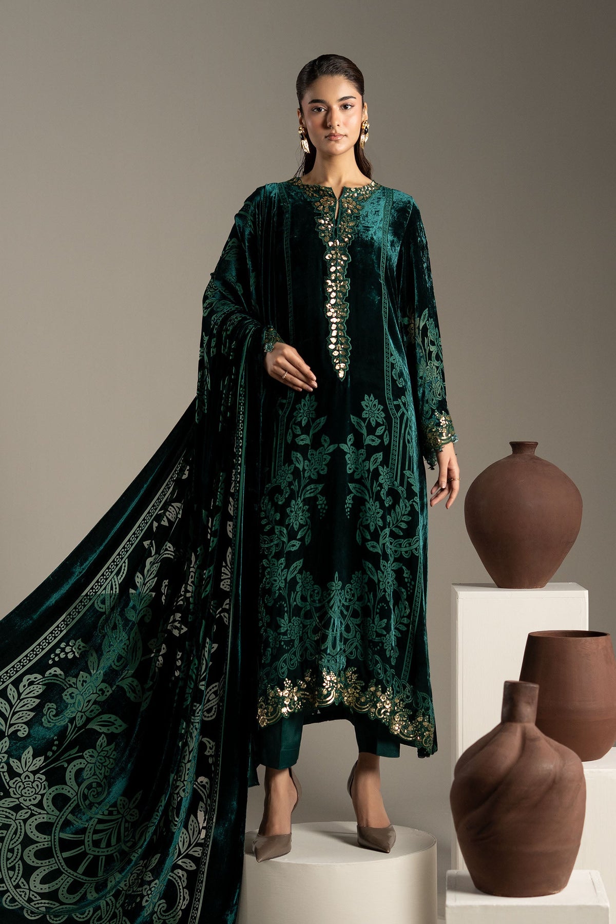 3 Piece Embroidered Palachi Suit - DW-W26-85-GREEN