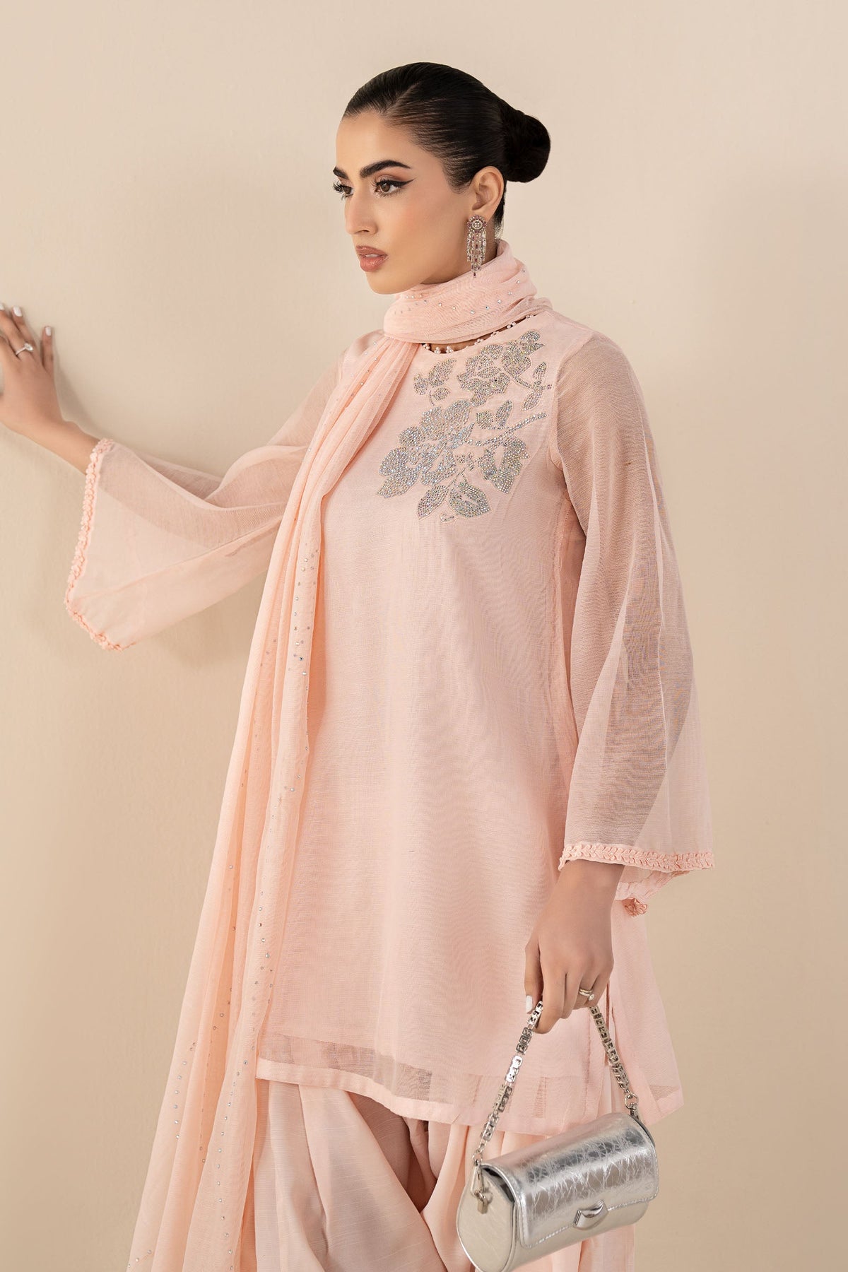 3 Piece Embellished Cotton Net Suit - DWA2519-ESM-PNK