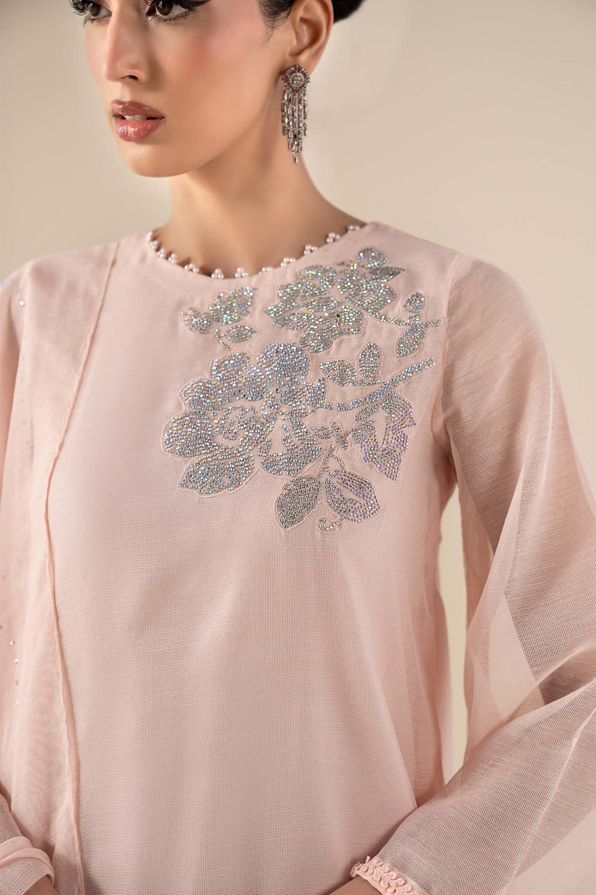 3 Piece Embellished Cotton Net Suit - DWA2519-ESM-PNK