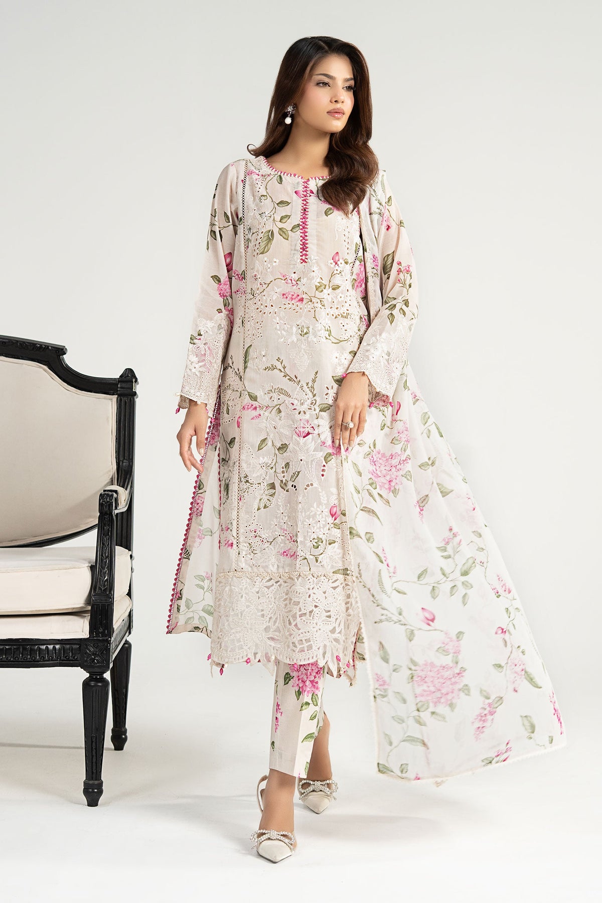 3 Piece Embroidered Paper Cotton Suit