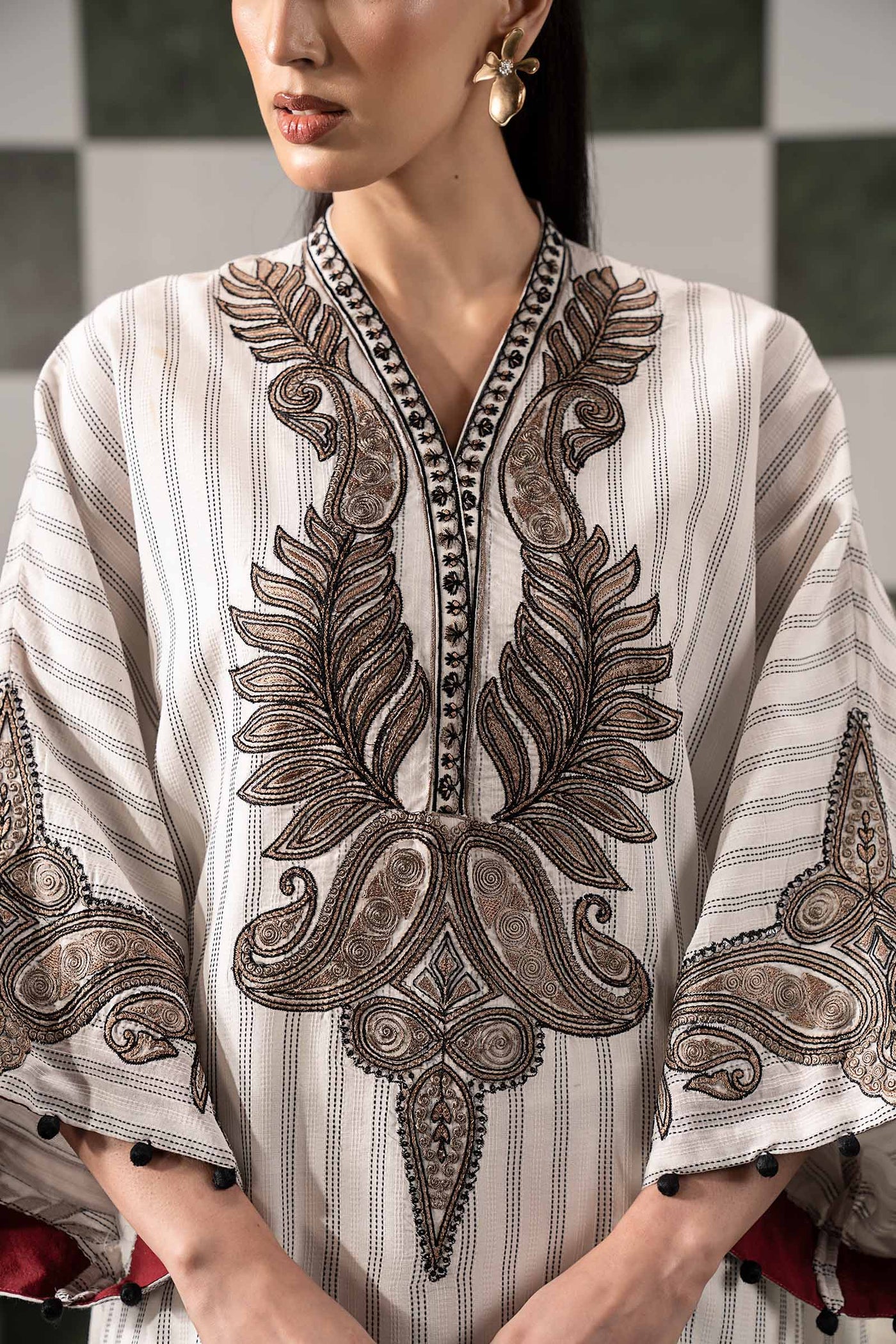 2 Piece Embroidered Striped Cotton Suit