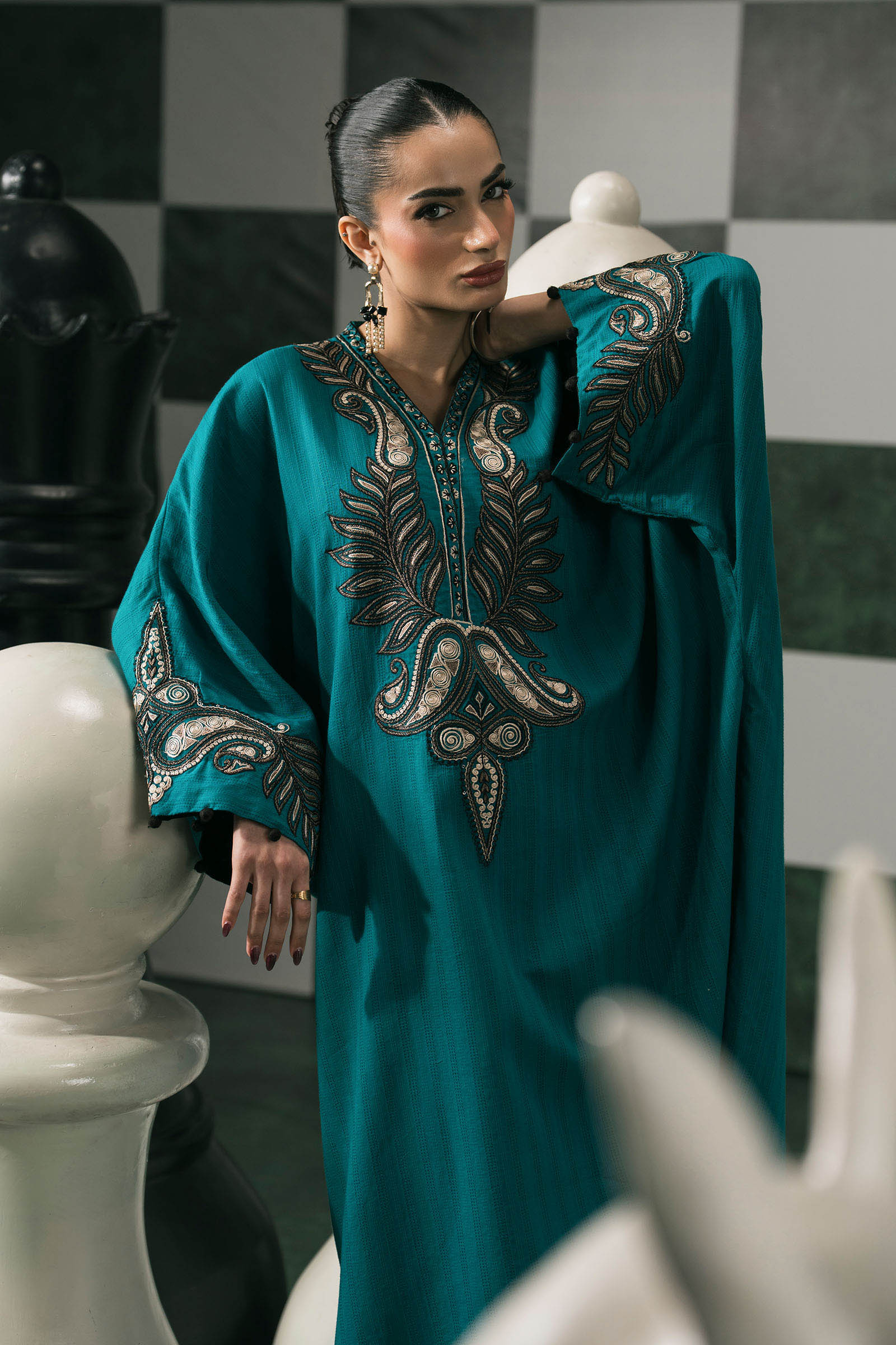 2 Piece Embroidered Striped Cotton Suit