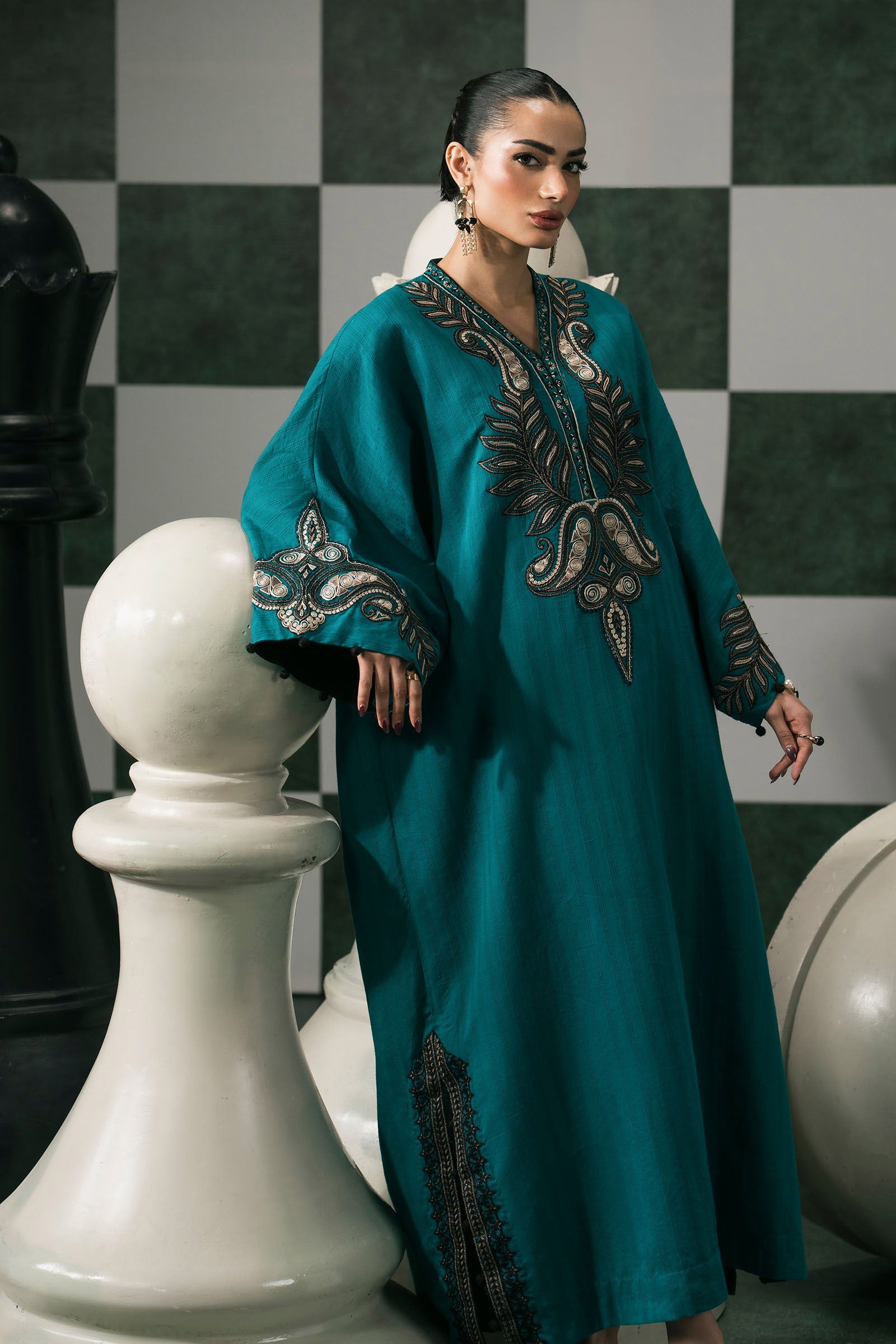 2 Piece Embroidered Striped Cotton Suit