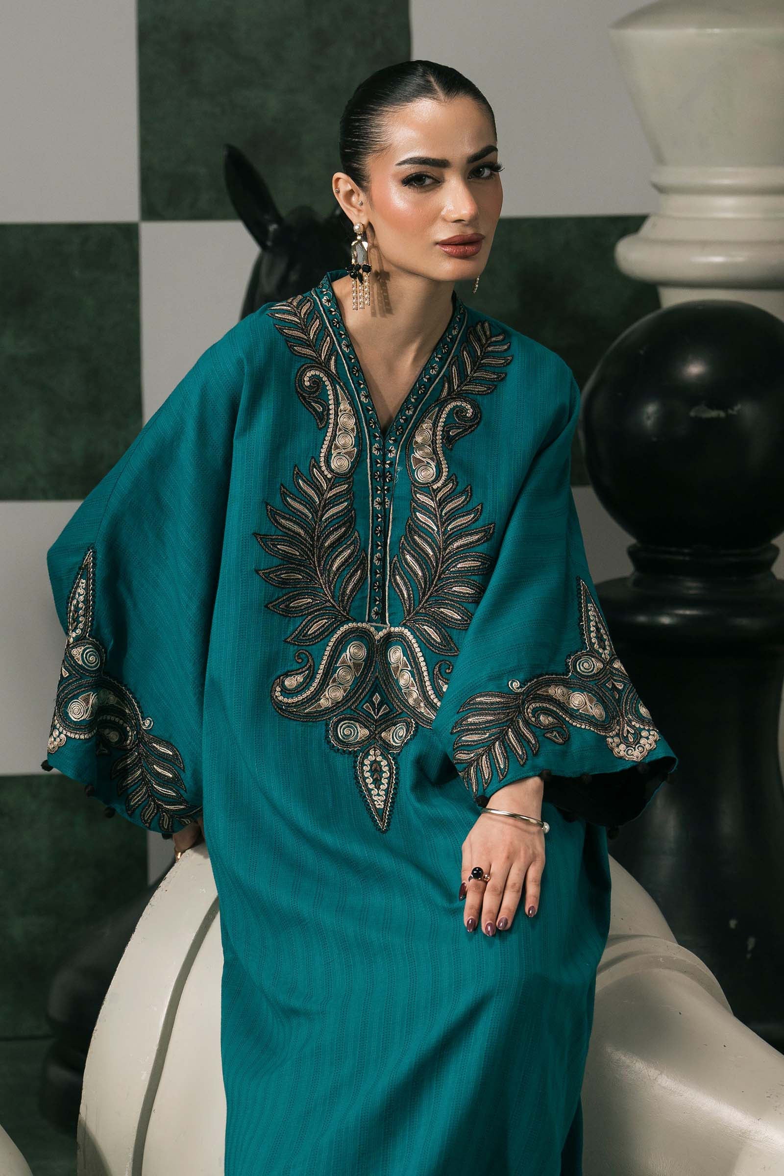 2 Piece Embroidered Striped Cotton Suit